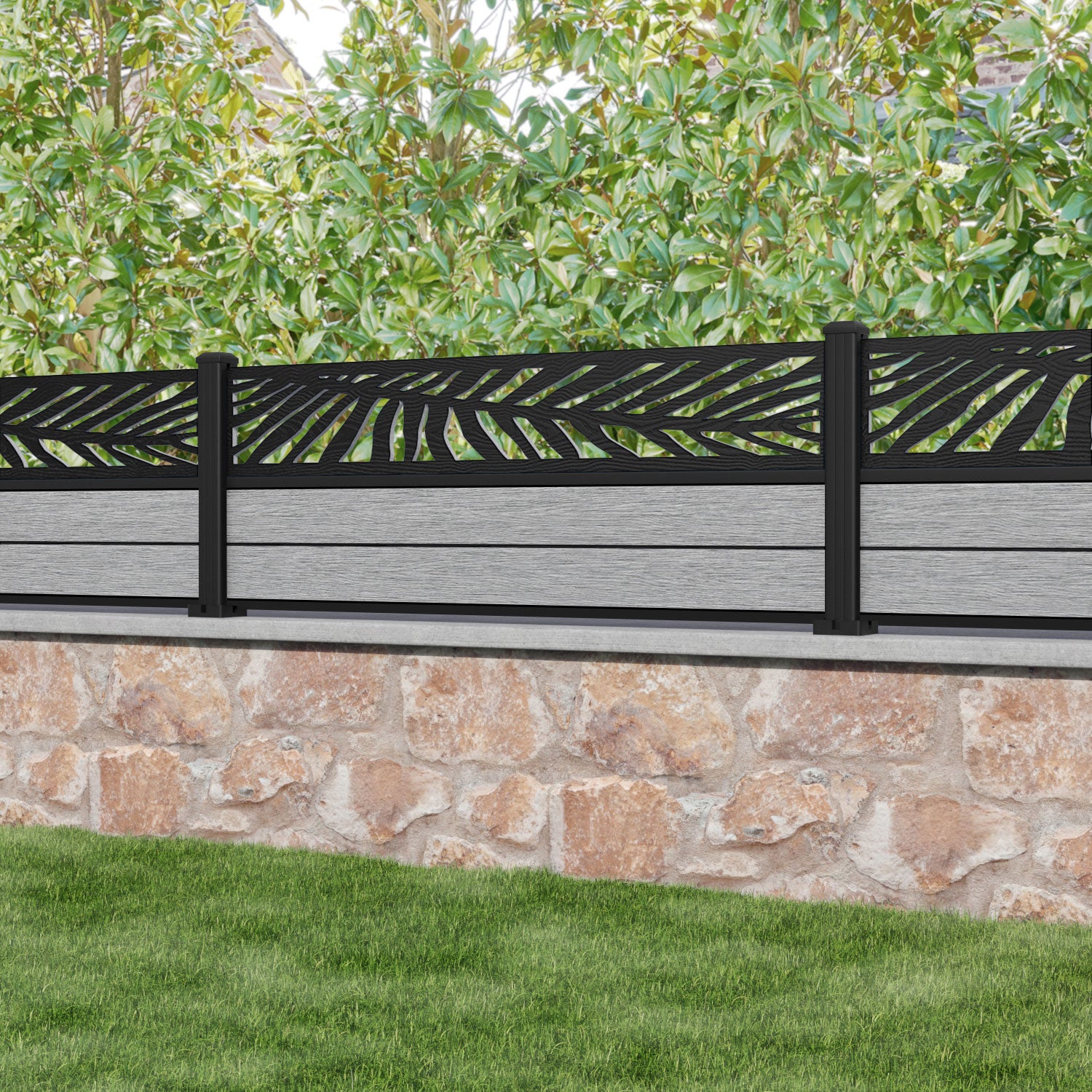 Fusion Palm Fence Panel - Light Grey - with our aluminium posts