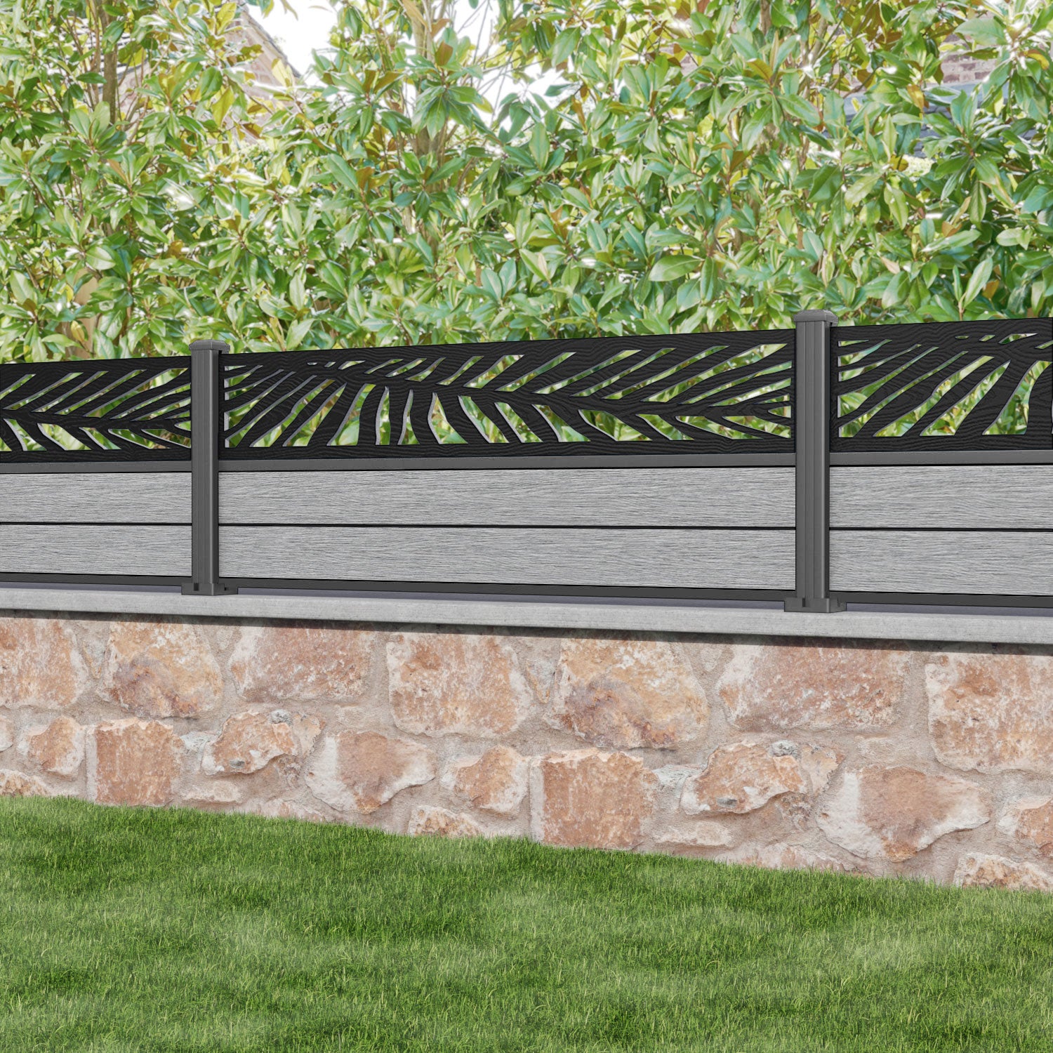 Fusion Palm Fence Panel - Light Grey - with our aluminium posts