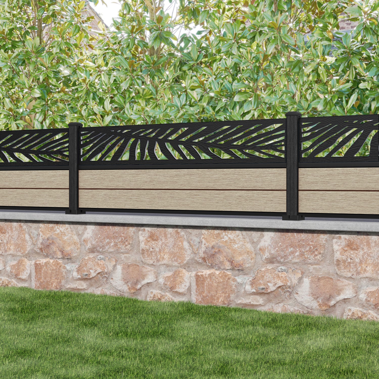 Fusion Palm Fence Panel - Light Oak - with our composite posts