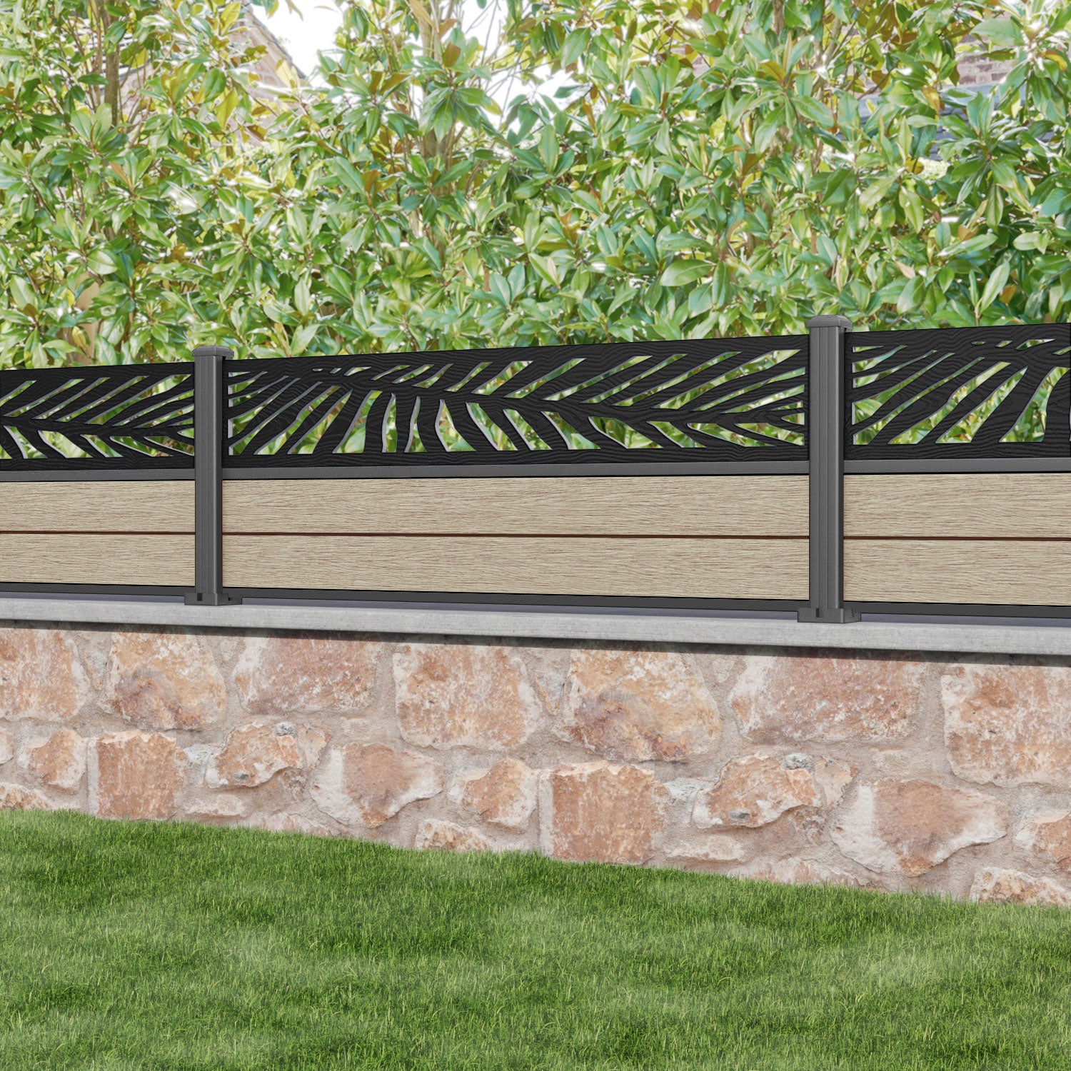 Fusion Palm Fence Panel - Light Oak - with our aluminium posts