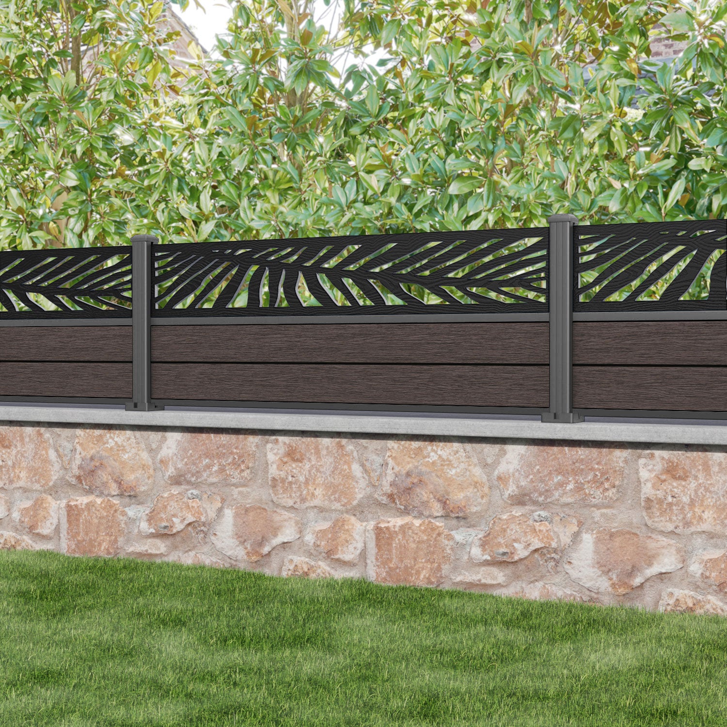Fusion Palm Fence Panel - Mid Brown - with our aluminium posts