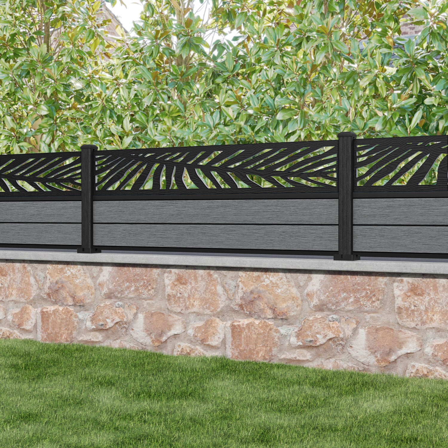 Fusion Palm Fence Panel - Mid Grey - with our composite posts