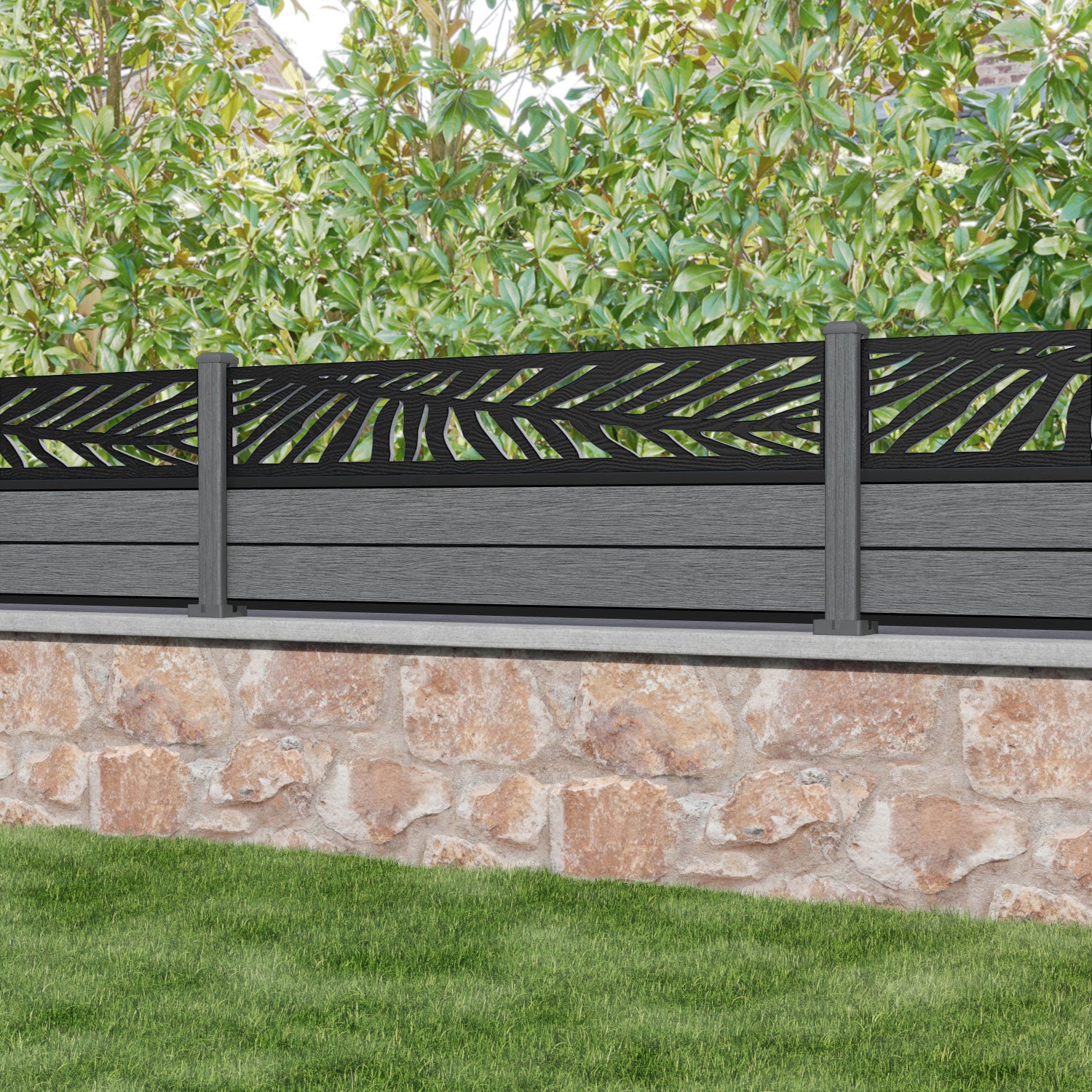 Fusion Palm Fence Panel - Mid Grey - with our composite posts