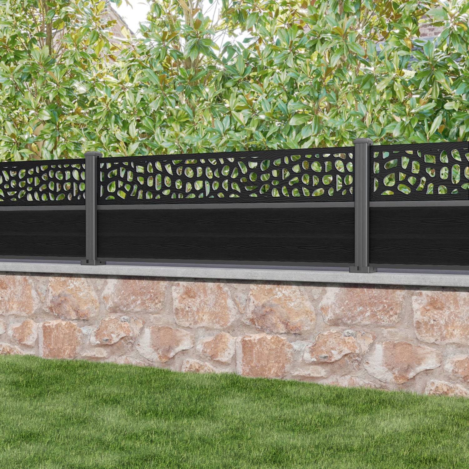 Classic Pebble Fence Panel - Black - with our aluminium posts