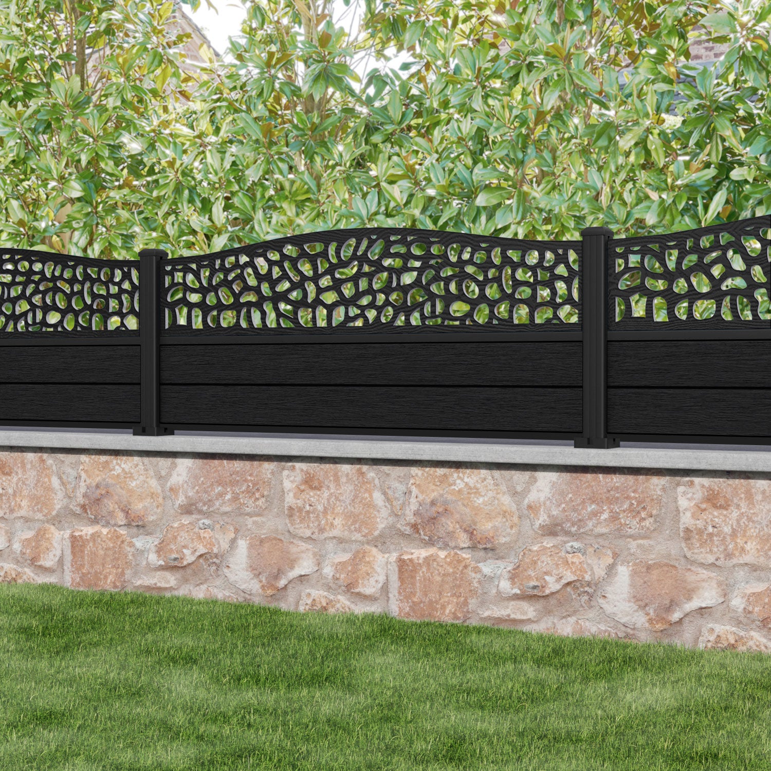 Fusion Pebble Curved Top Fence Panel - Black - with our aluminium posts