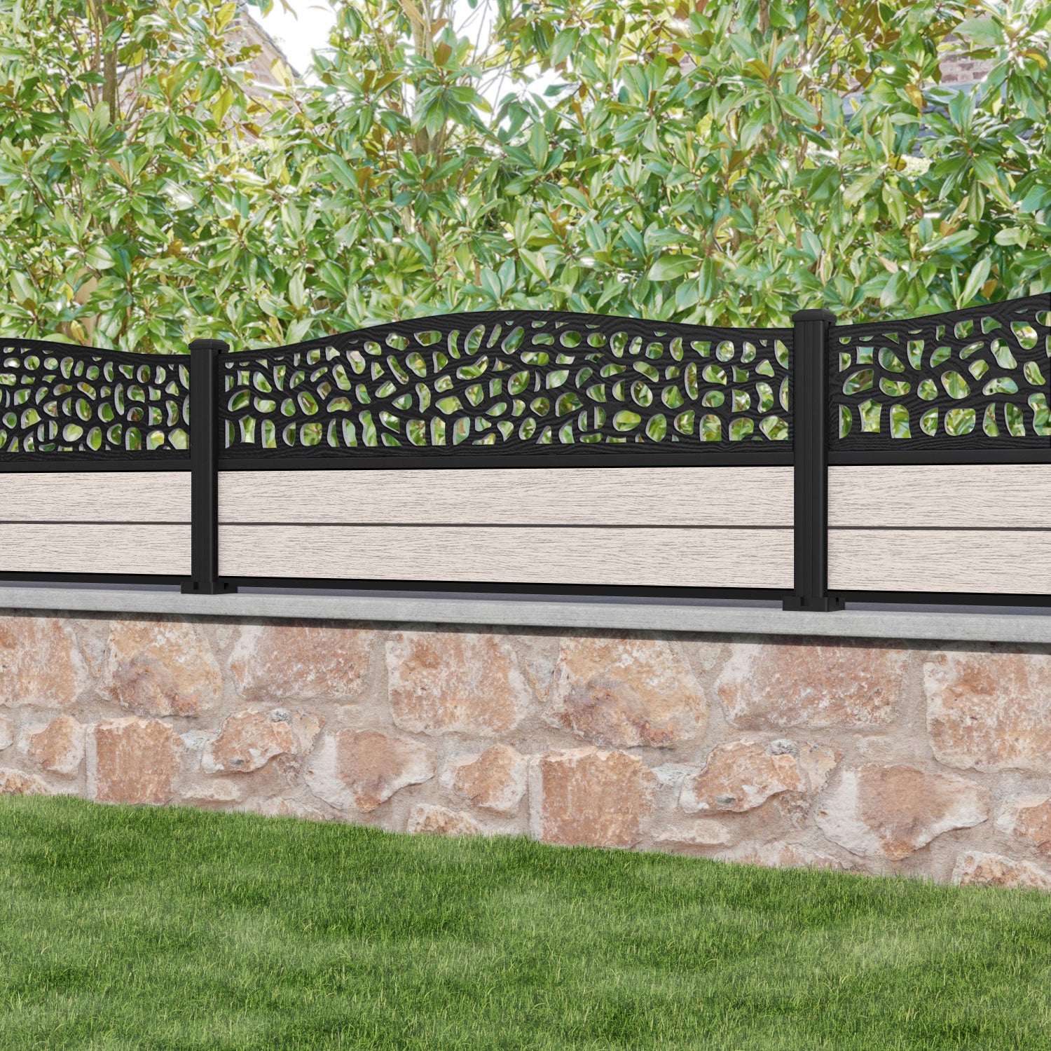 Fusion Pebble Curved Top Fence Panel - Mid Stone - with our aluminium posts