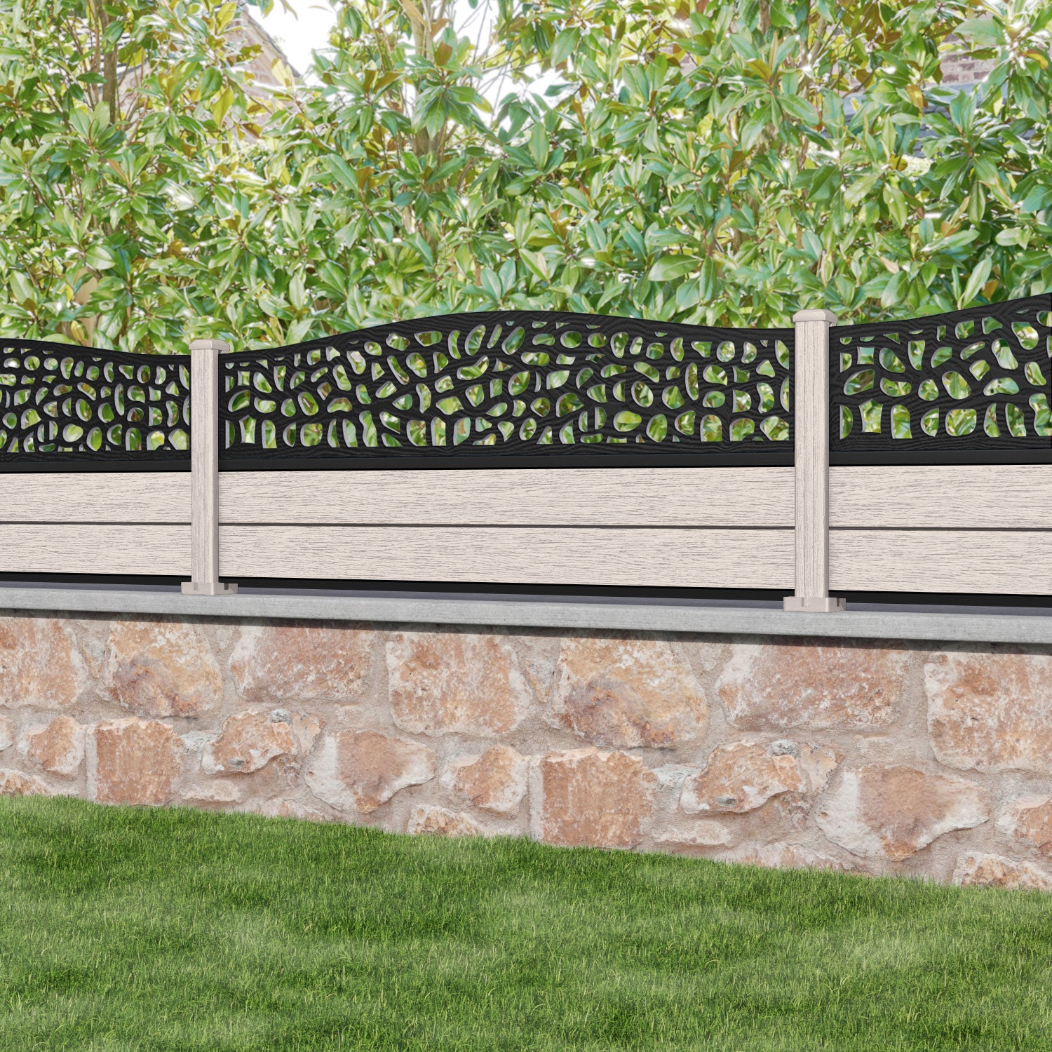 Fusion Pebble Curved Top Fence Panel - Mid Stone - with our composite posts