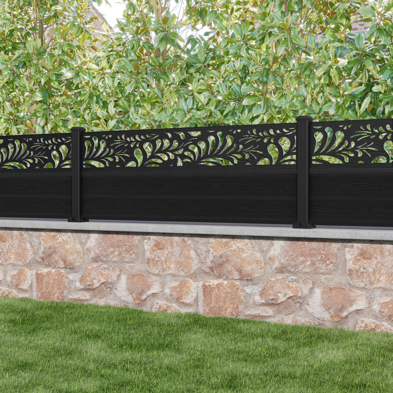 Classic Petal Fence Panel - Black - with our aluminium posts