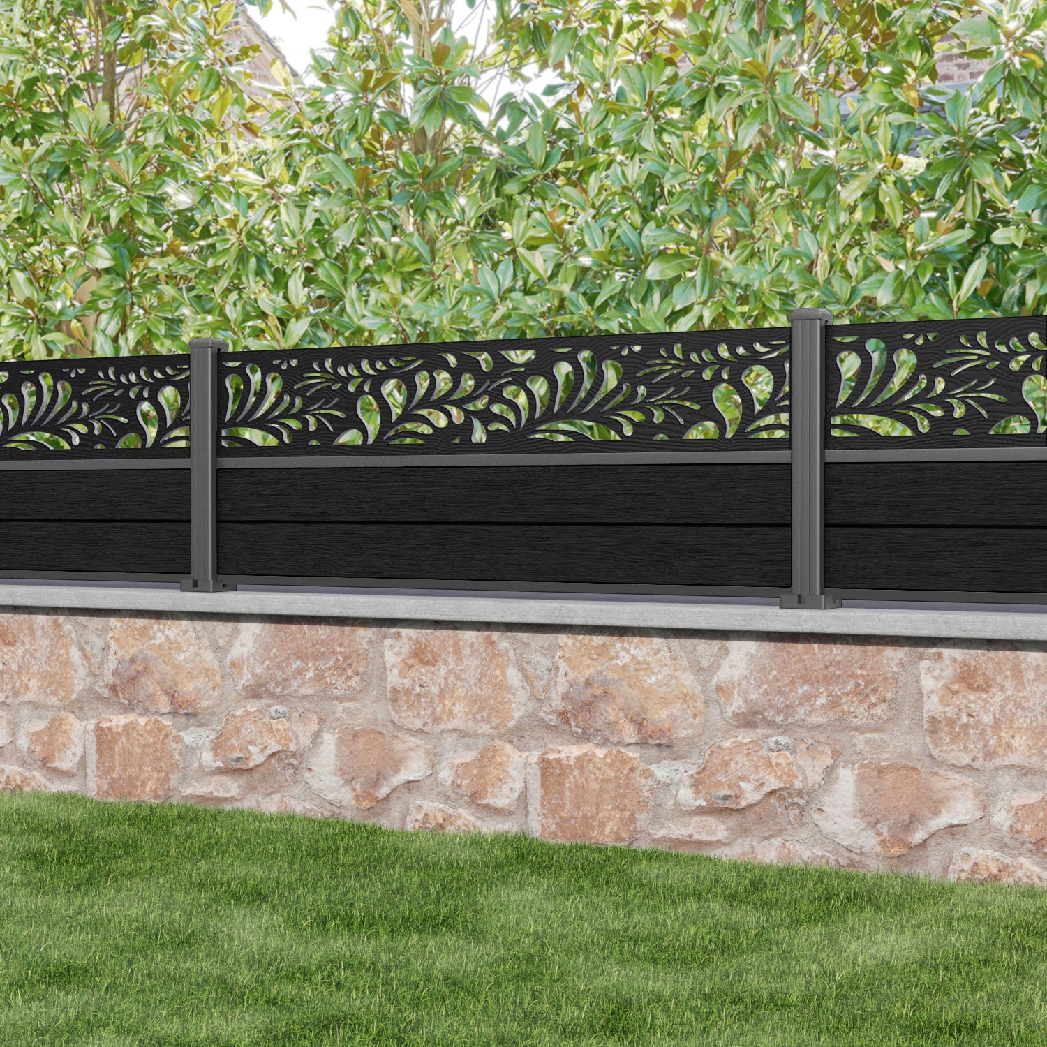Fusion Petal Fence Panel - Black - with our aluminium posts