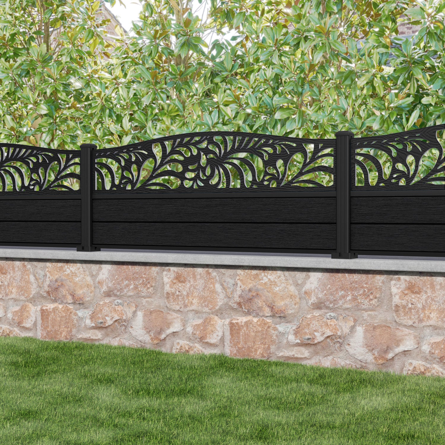 Fusion Petal Curved Top Fence Panel - Black - with our aluminium posts