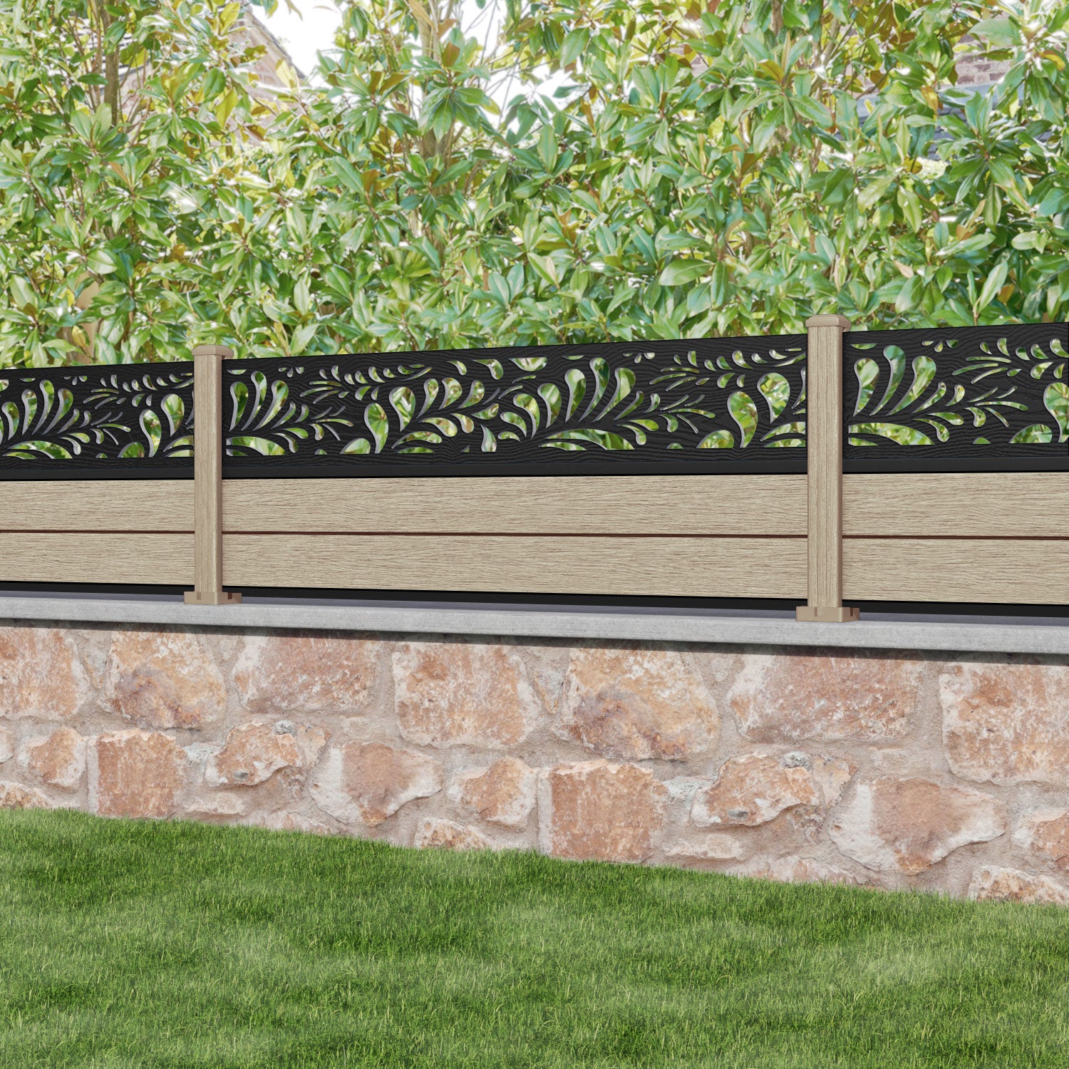 Fusion Petal Fence Panel - Light Oak - with our composite posts
