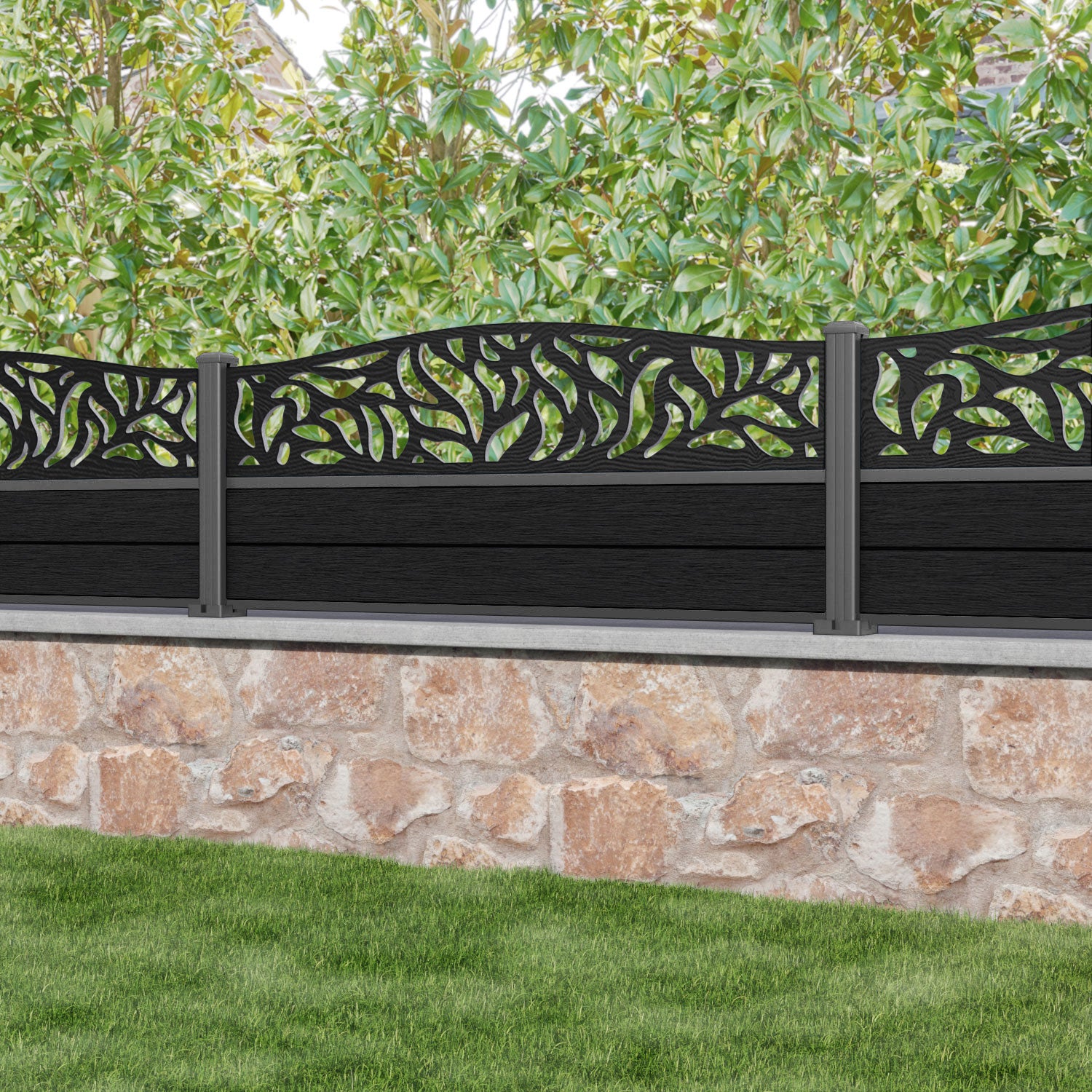 Fusion Plume Curved Top Fence Panel - Black - with our aluminium posts