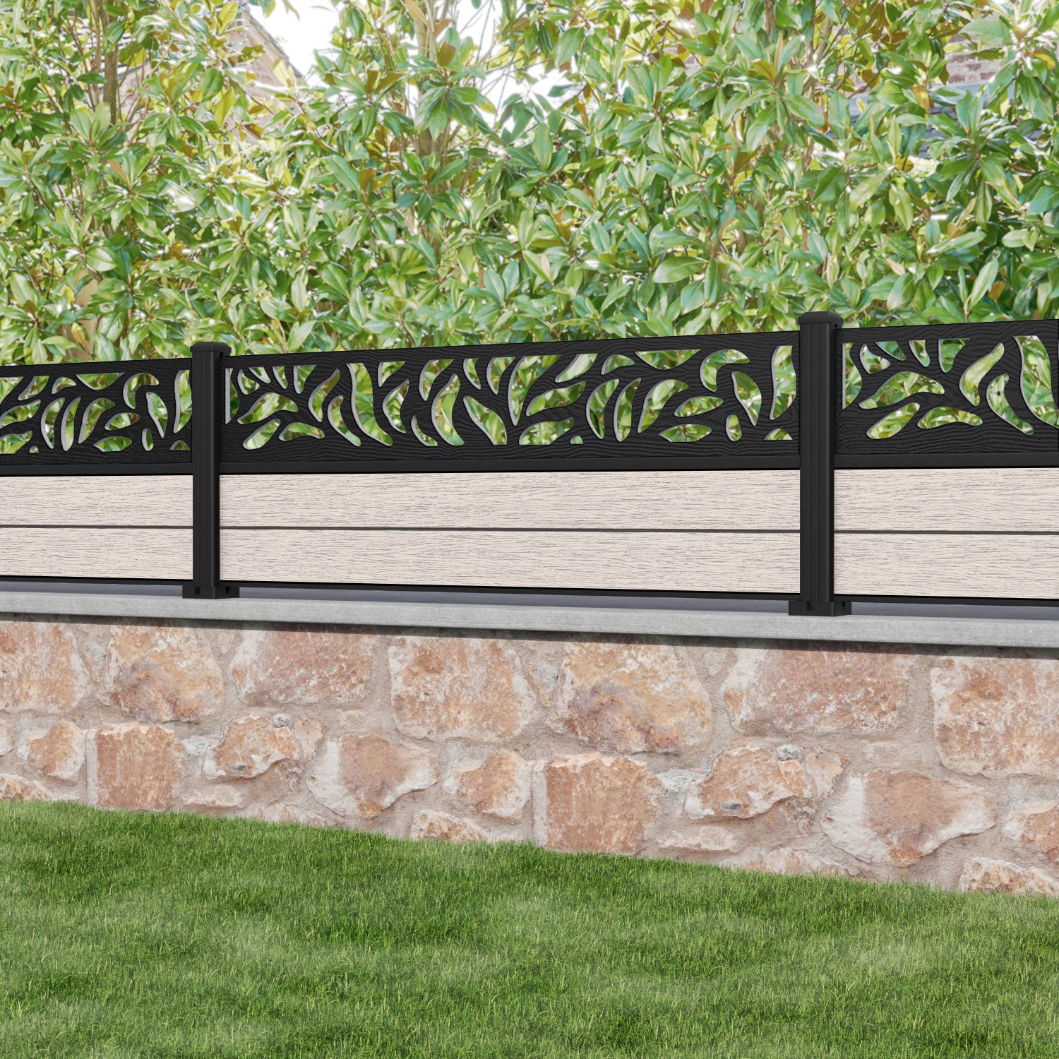 Fusion Plume Fence Panel - Mid Stone - with our aluminium posts