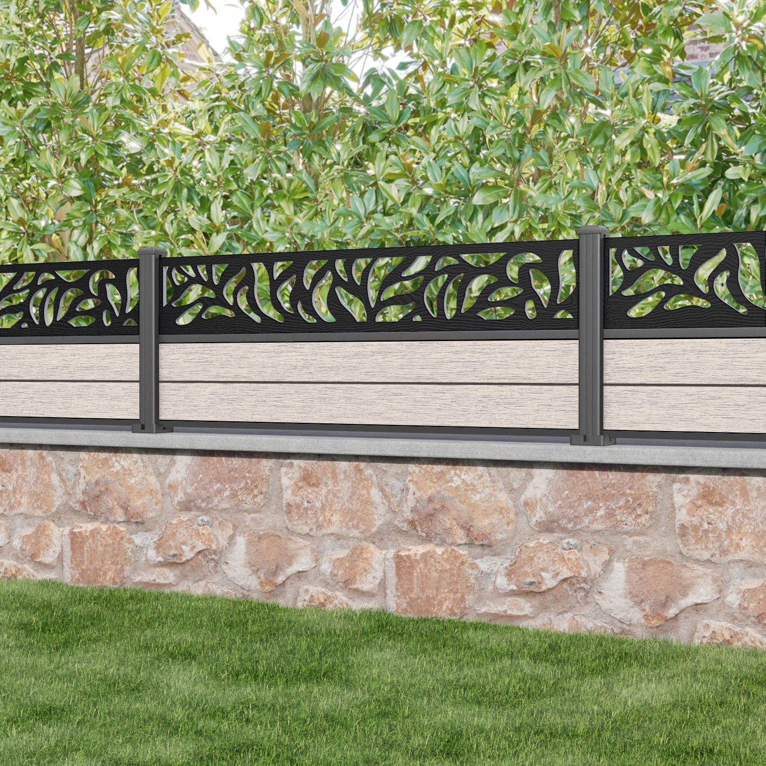 Fusion Plume Fence Panel - Mid Stone - with our aluminium posts