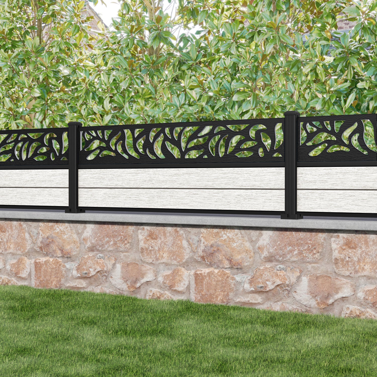 Fusion Plume Fence Panel - Light Stone - with our aluminium posts