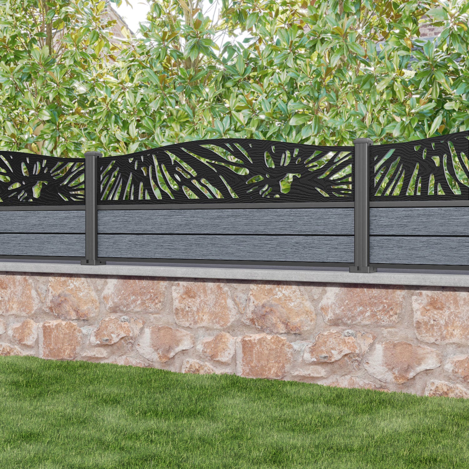 Fusion Poppy Curved Top Fence Panel - Anthracite - with our aluminium posts