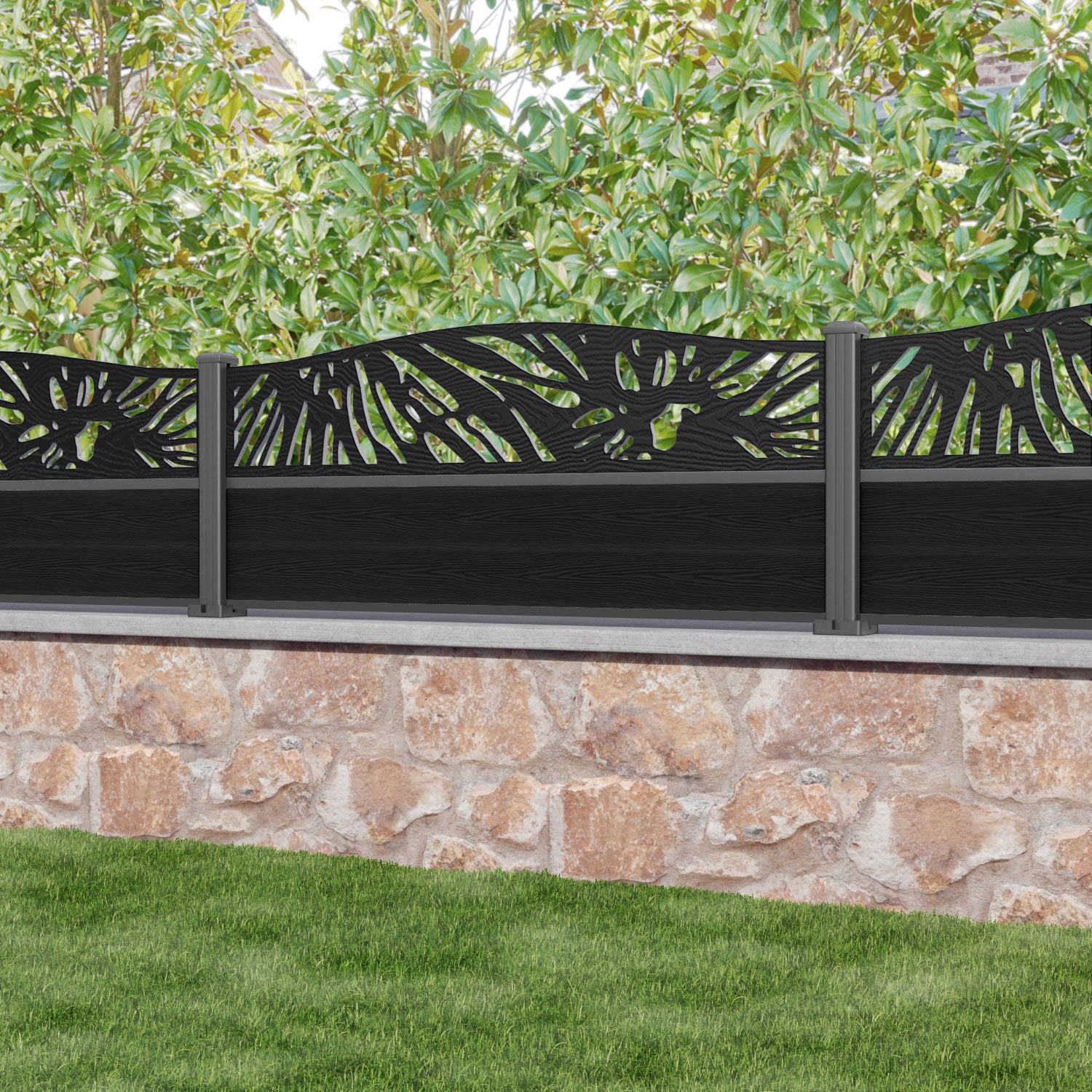 Classic Poppy Curved Top Fence Panel - Black - with our aluminium posts