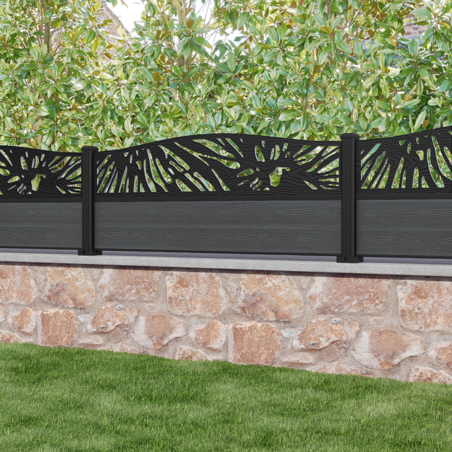 Classic Poppy Curved Top Fence Panel - Dark Grey - with our aluminium posts