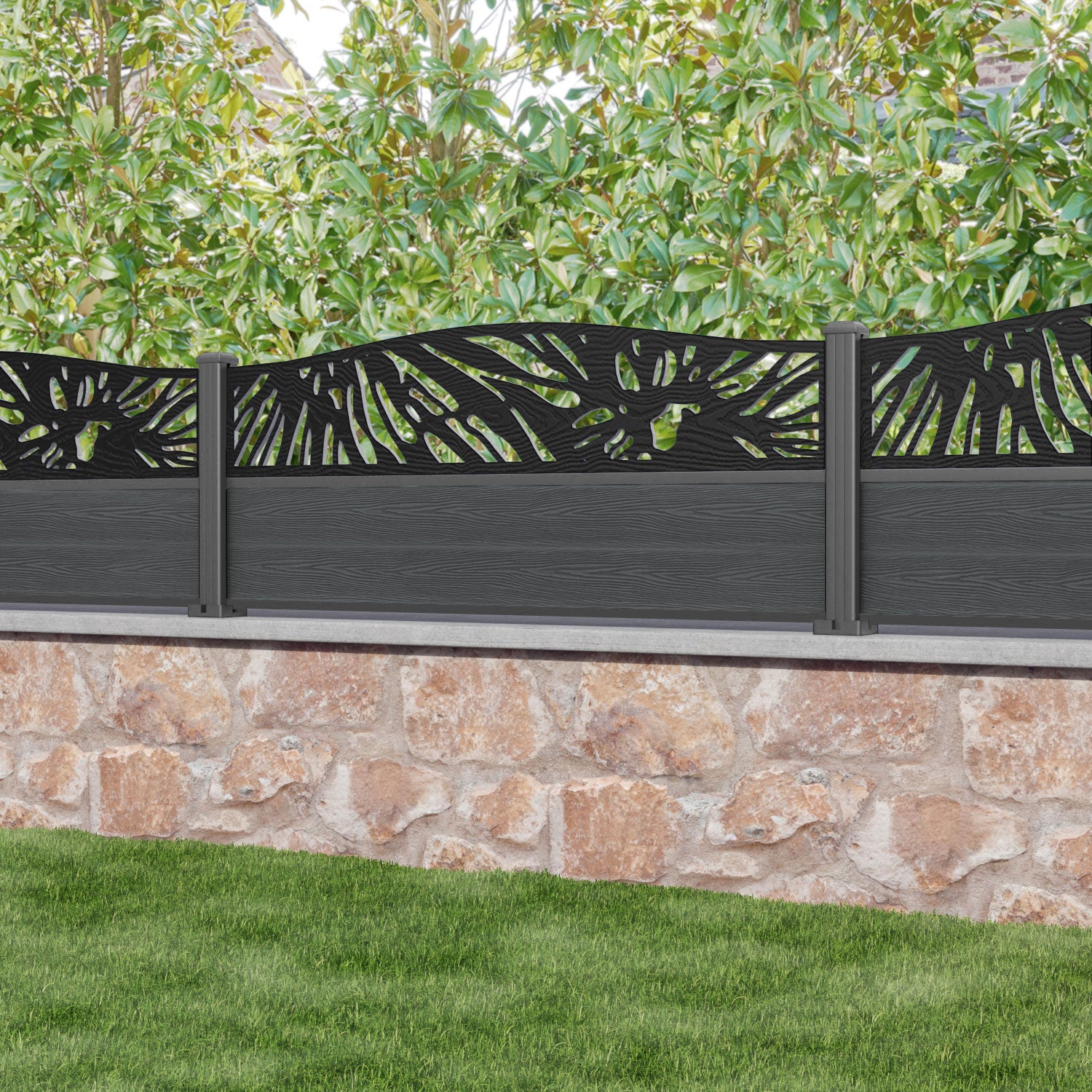 Classic Poppy Curved Top Fence Panel - Dark Grey - with our aluminium posts