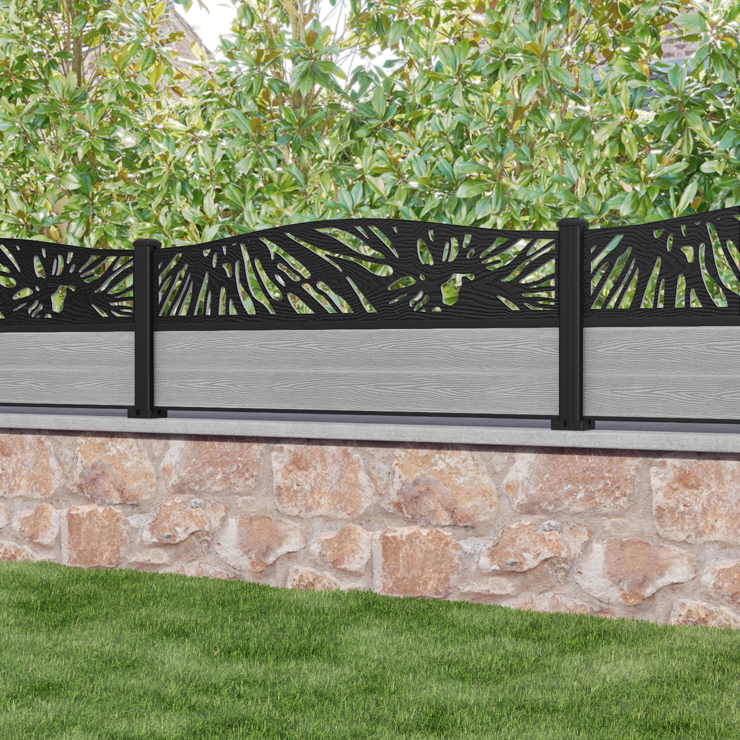 Classic Poppy Curved Top Fence Panel - Light Grey - with our aluminium posts