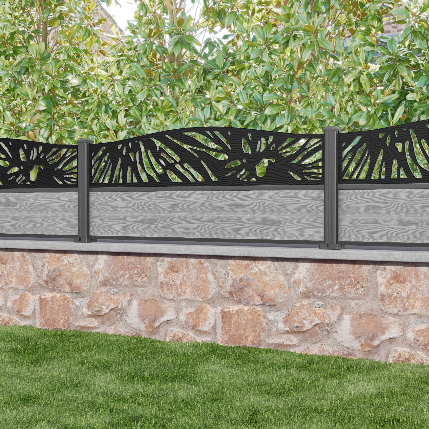 Classic Poppy Curved Top Fence Panel - Light Grey - with our aluminium posts