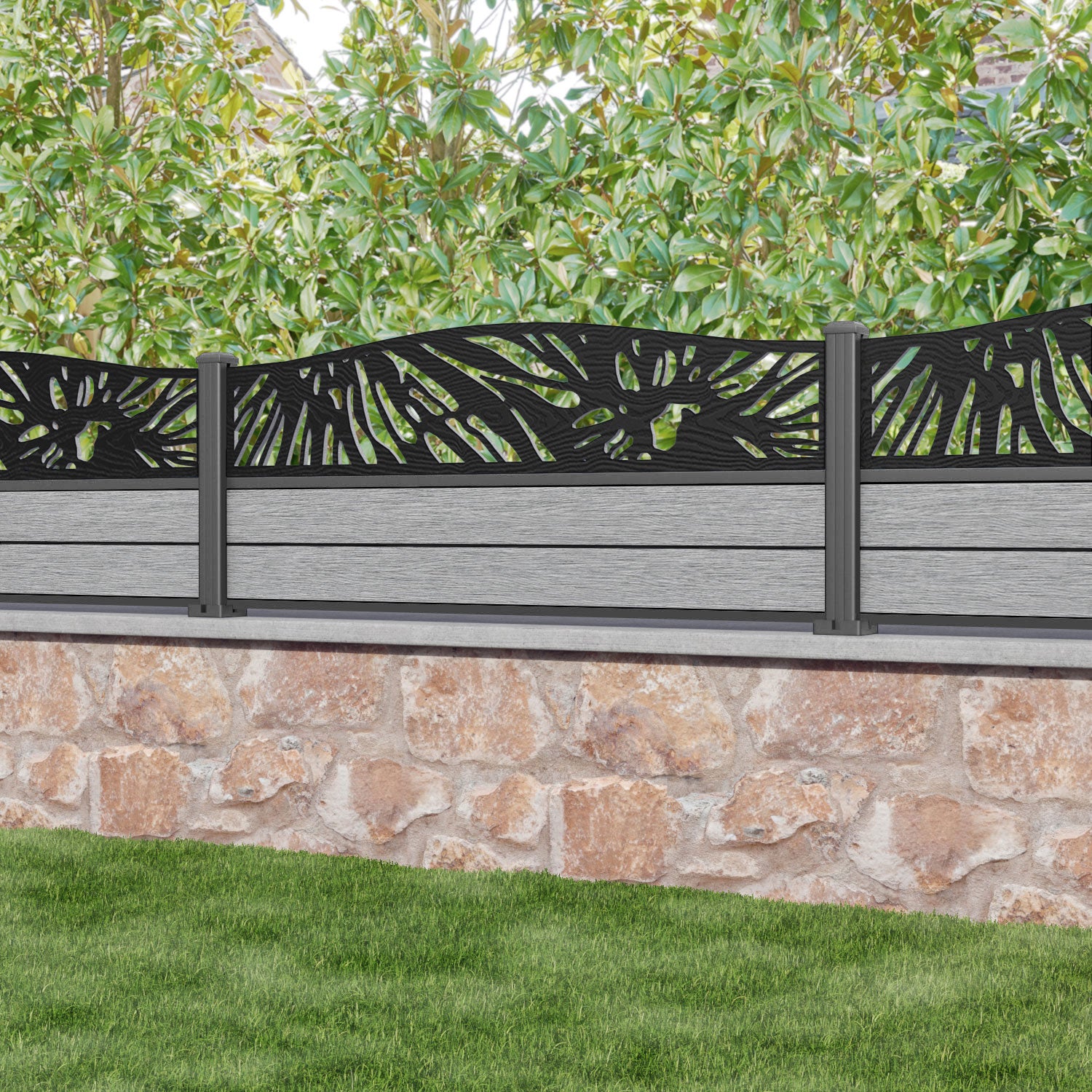 Fusion Poppy Curved Top Fence Panel - Light Grey - with our aluminium posts
