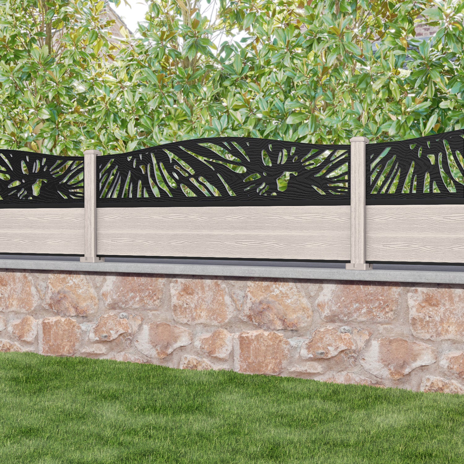 Classic Poppy Curved Top Fence Panel - Mid Stone - with our composite posts