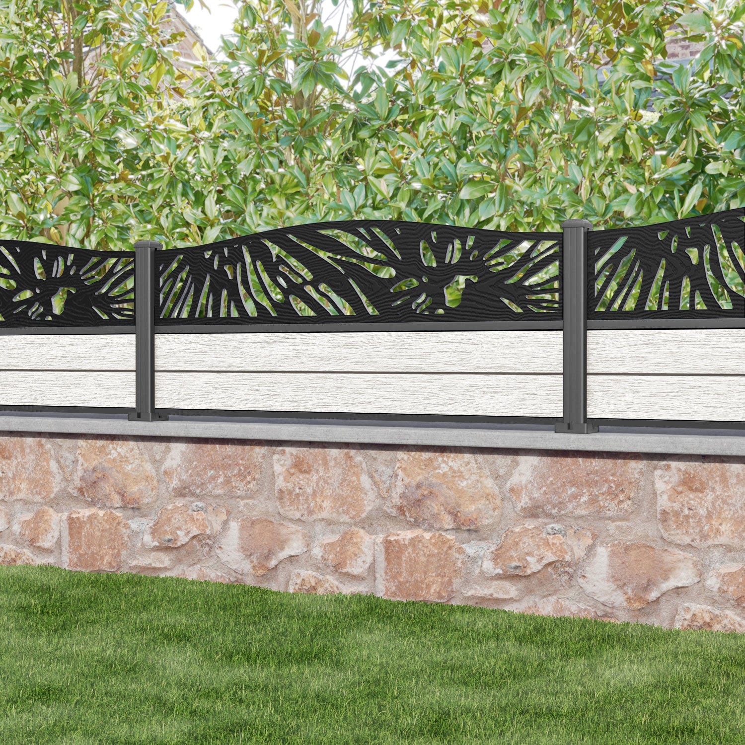 Fusion Poppy Curved Top Fence Panel - Light Stone - with our aluminium posts