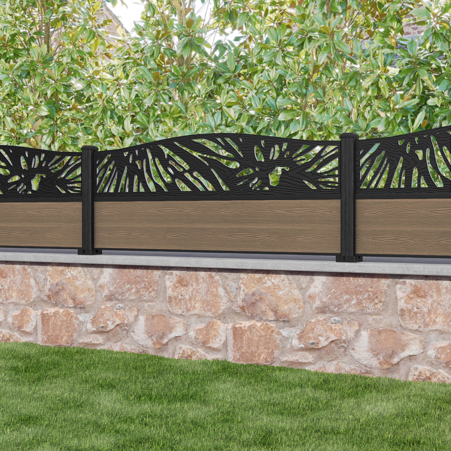 Classic Poppy Curved Top Fence Panel - Teak - with our composite posts