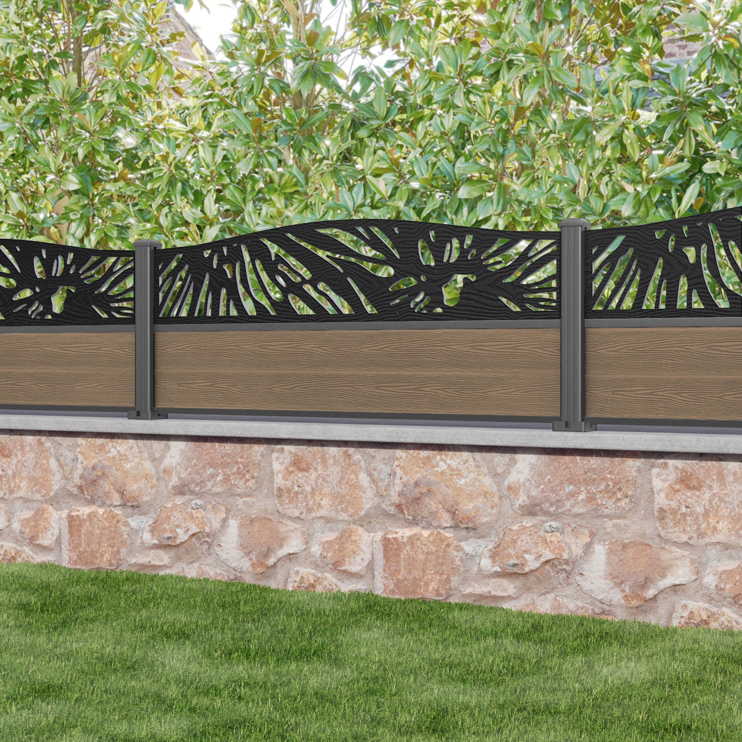 Classic Poppy Curved Top Fence Panel - Teak - with our aluminium posts