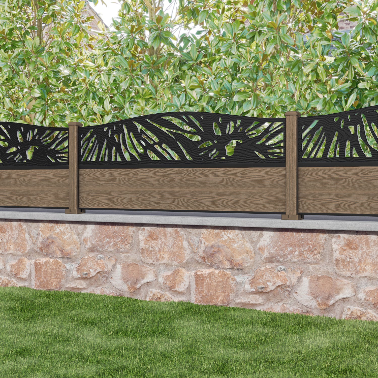 Classic Poppy Curved Top Fence Panel - Teak - with our composite posts