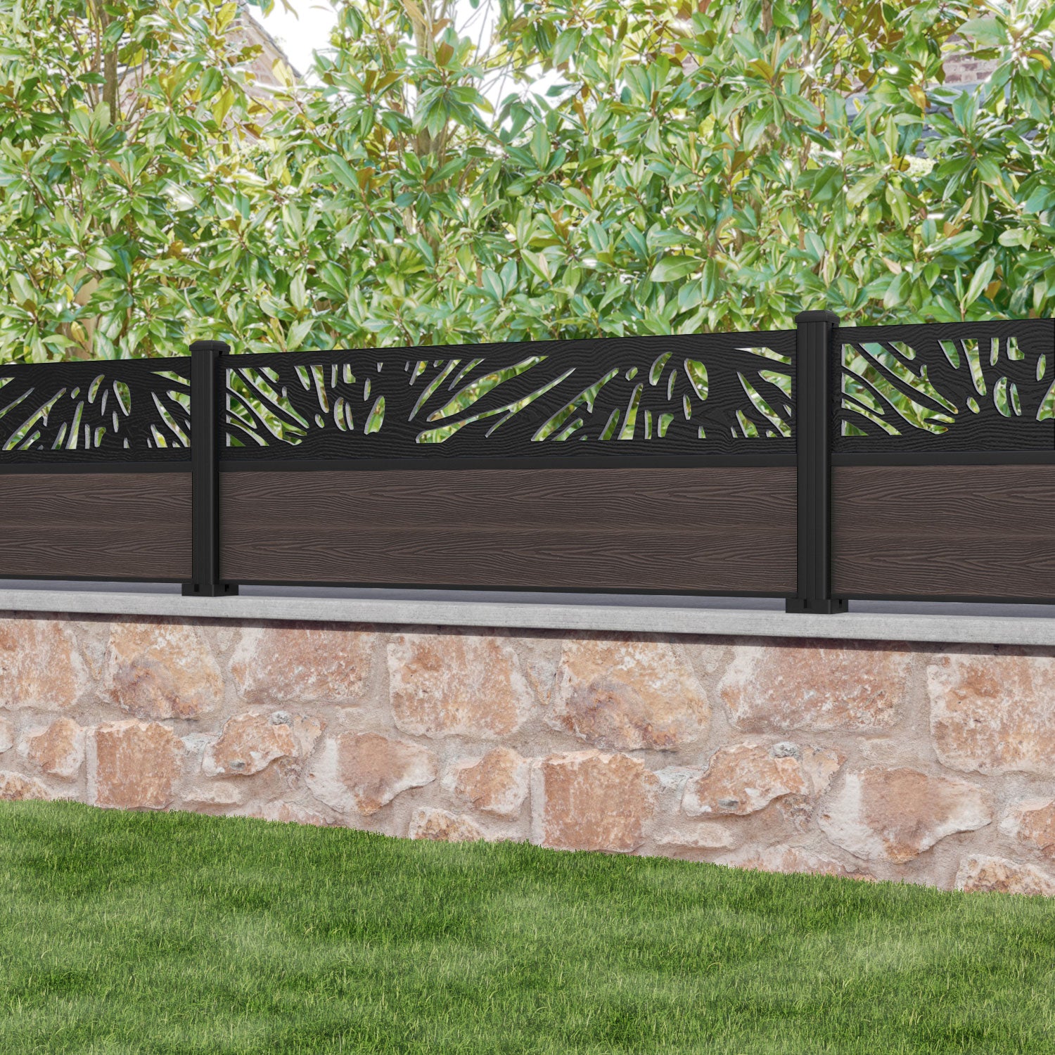 Classic Poppy Fence Panel - Mid Brown - with our aluminium posts