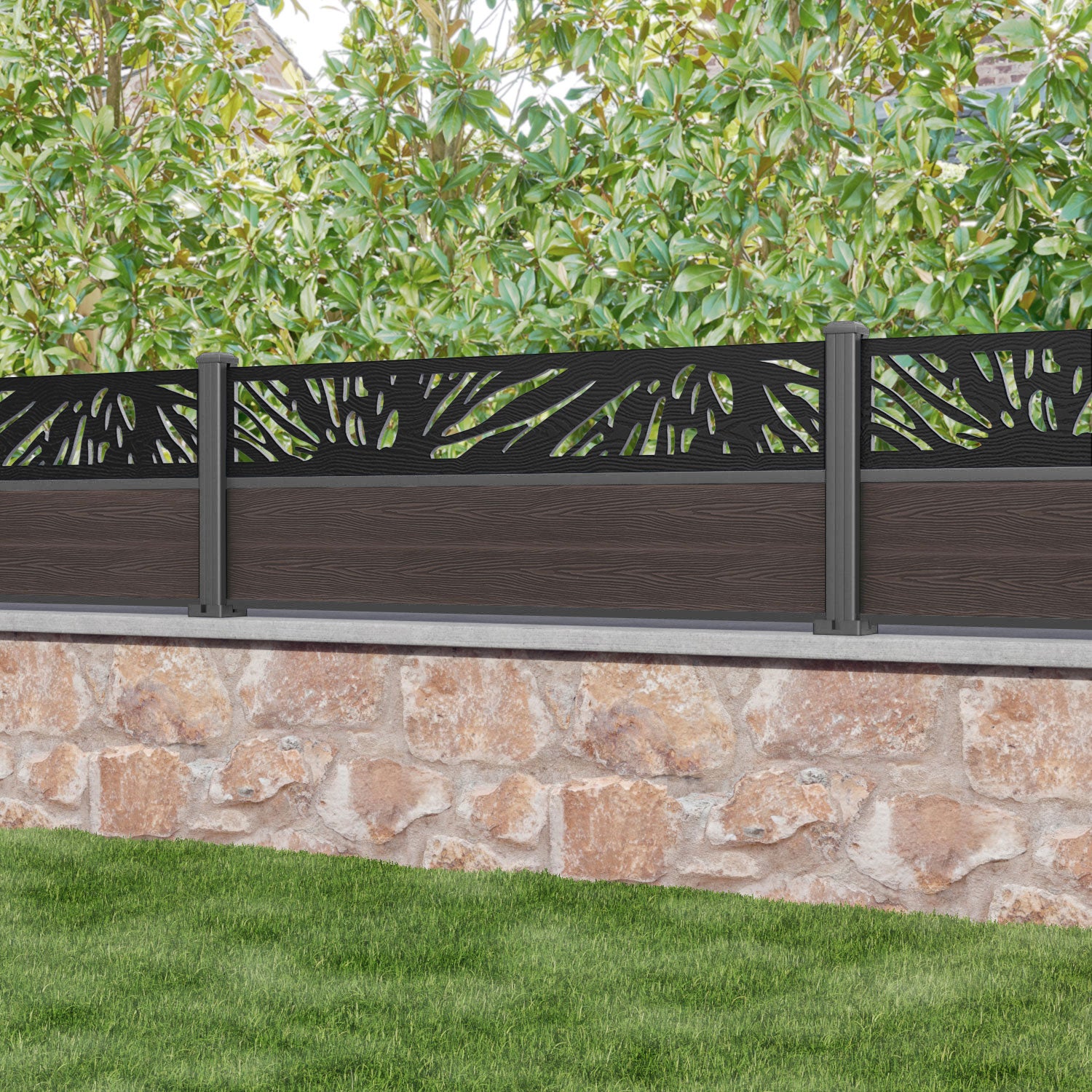Classic Poppy Fence Panel - Mid Brown - with our aluminium posts