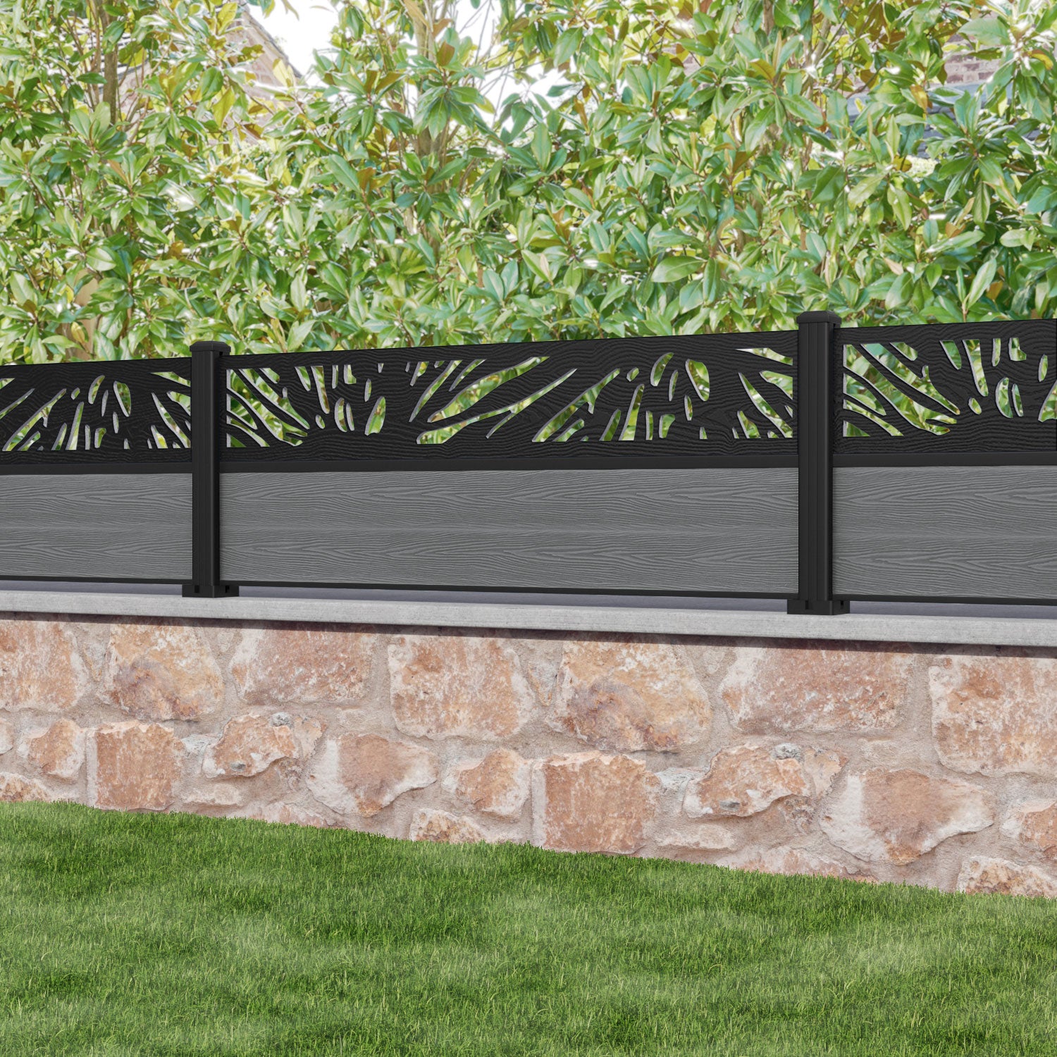 Classic Poppy Fence Panel - Mid Grey - with our aluminium posts