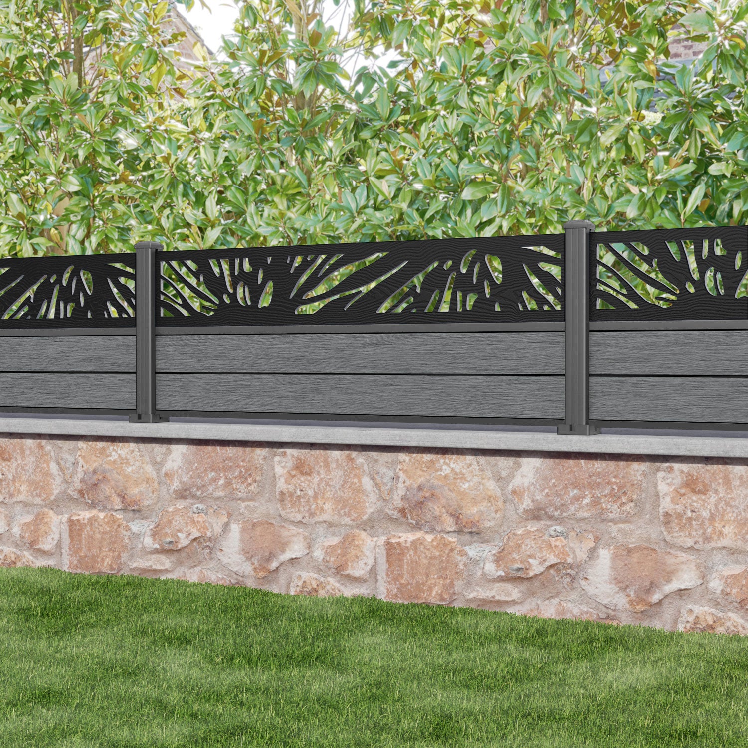 Fusion Poppy Fence Panel - Mid Grey - with our aluminium posts