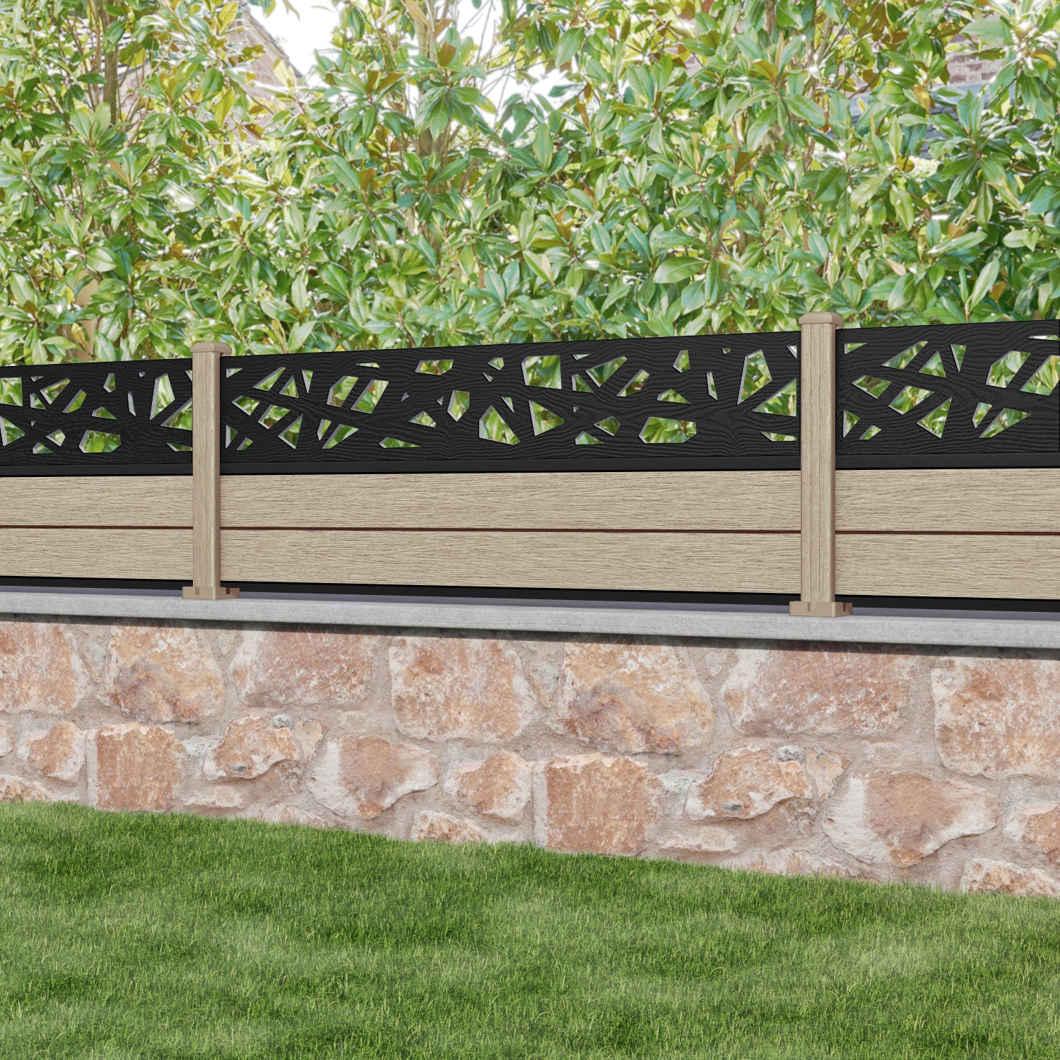 Fusion Prism Fence Panel - Light Oak - with our composite posts