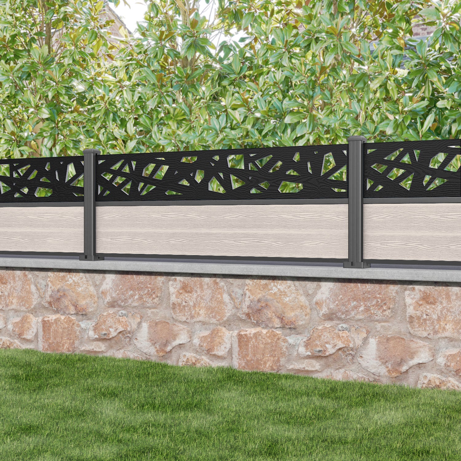 Classic Prism Fence Panel - Mid Stone - with our aluminium posts