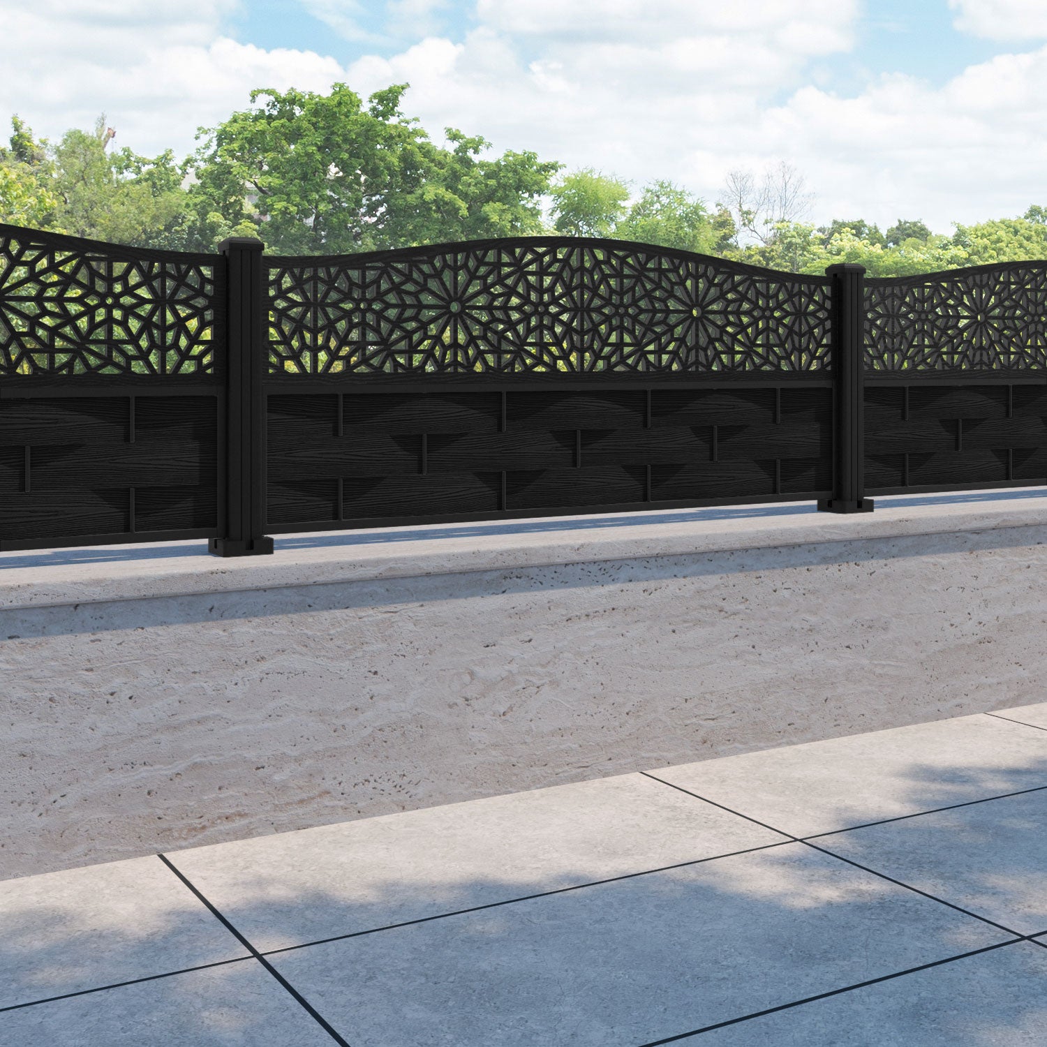 Ripple Alnara Curved Top Fence Panel - Black - with our aluminium posts