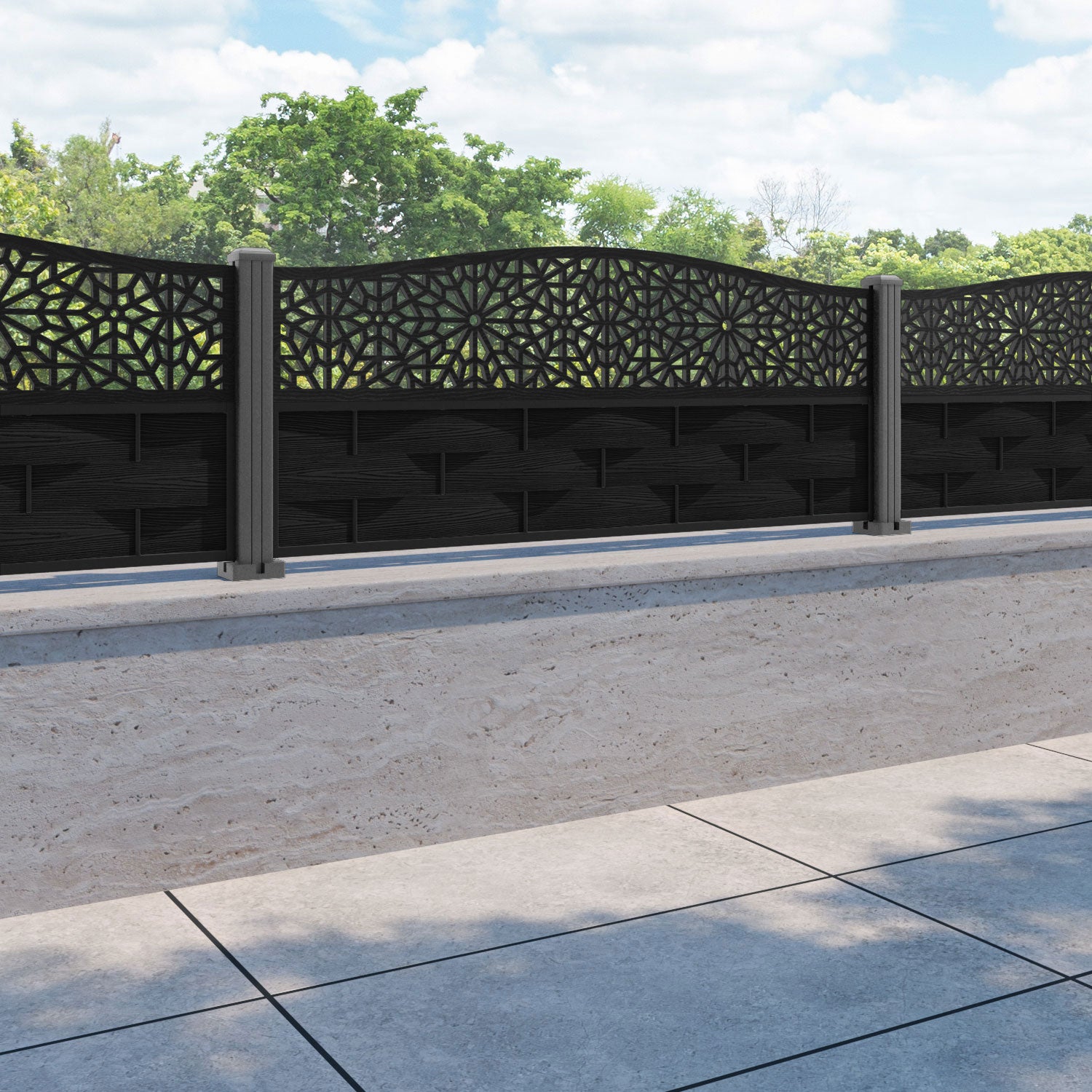 Ripple Alnara Curved Top Fence Panel - Black - with our aluminium posts