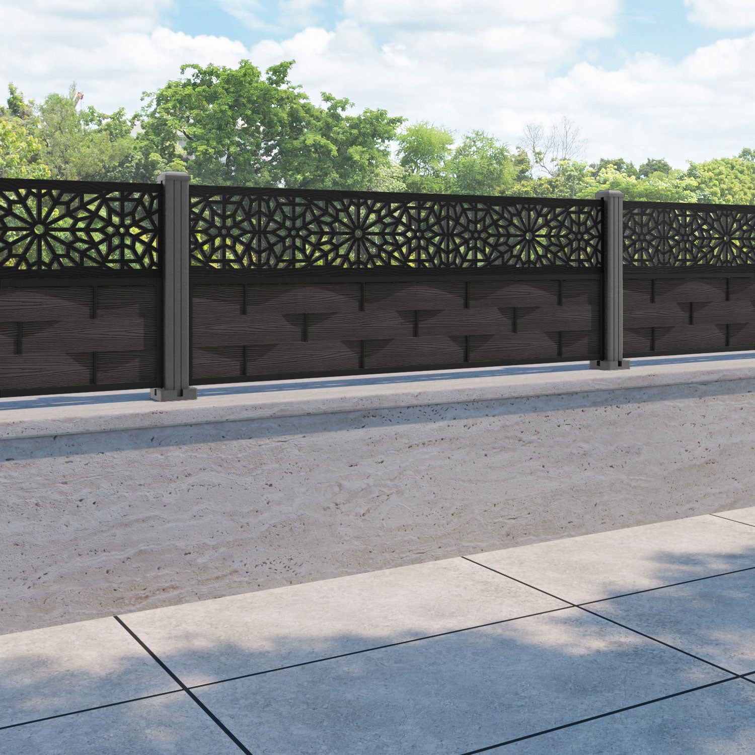 Ripple Alnara Fence Panel - Dark Oak - with our aluminium posts