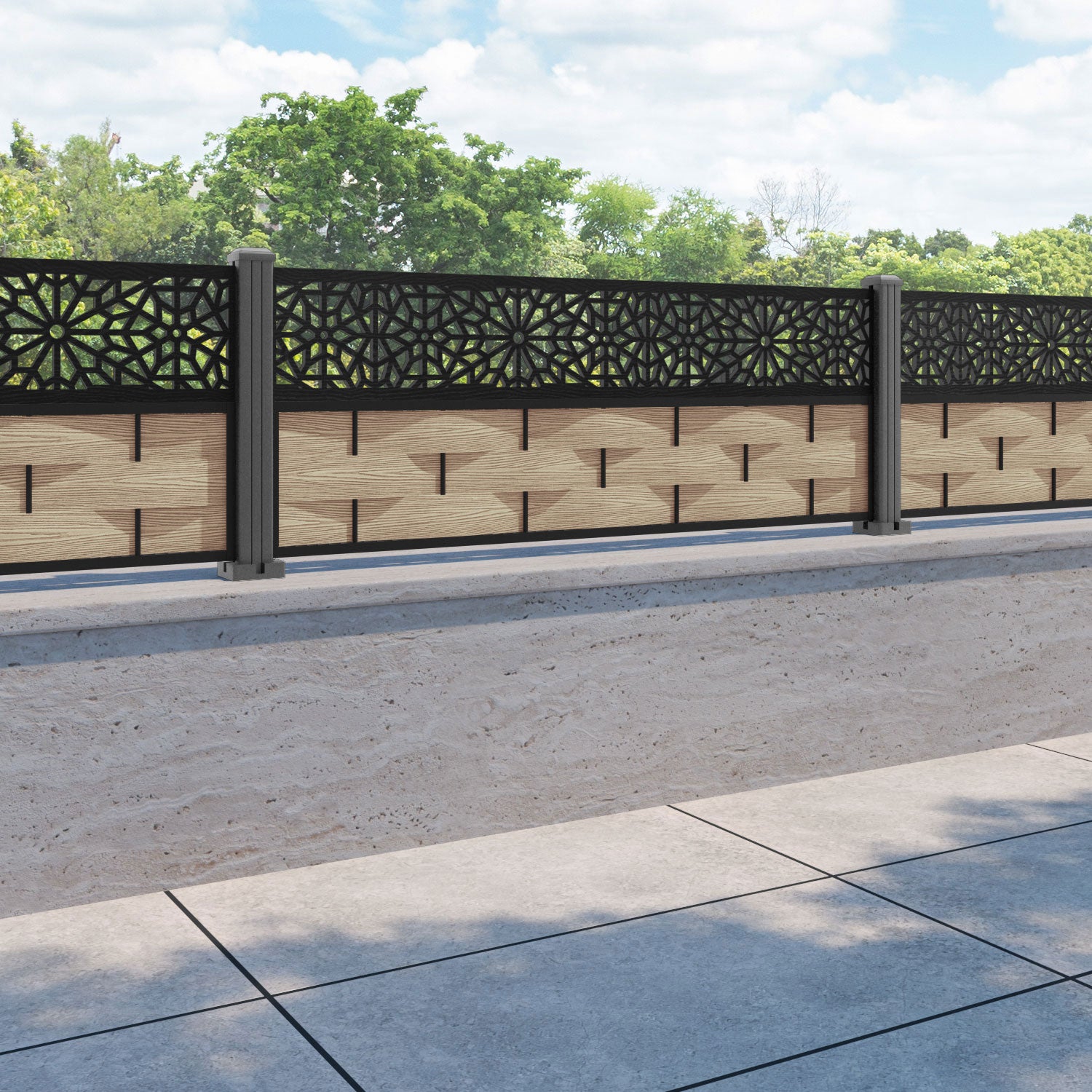 Ripple Alnara Fence Panel - Light Oak - with our aluminium posts