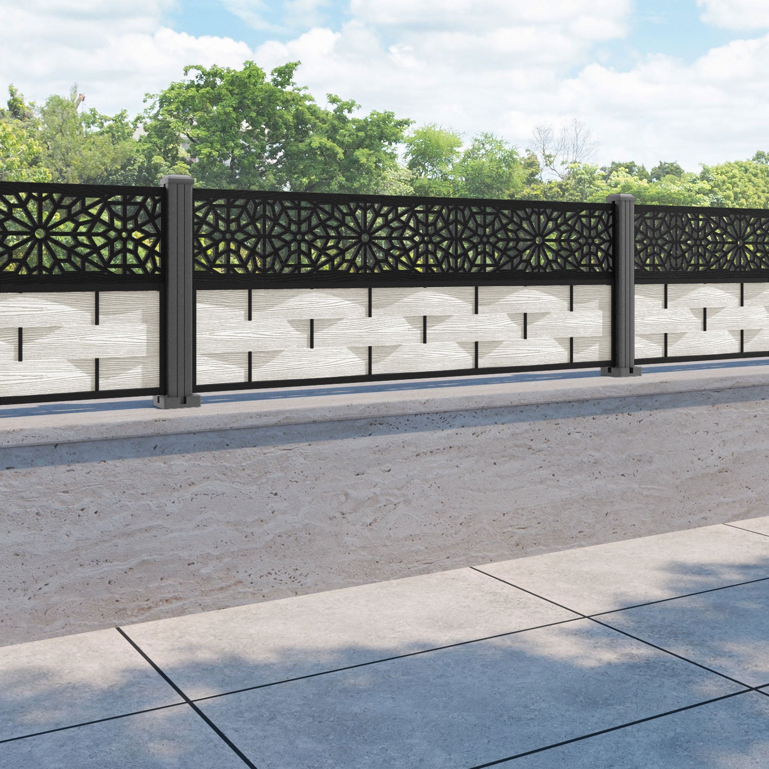 Ripple Alnara Fence Panel - Light Stone - with our aluminium posts