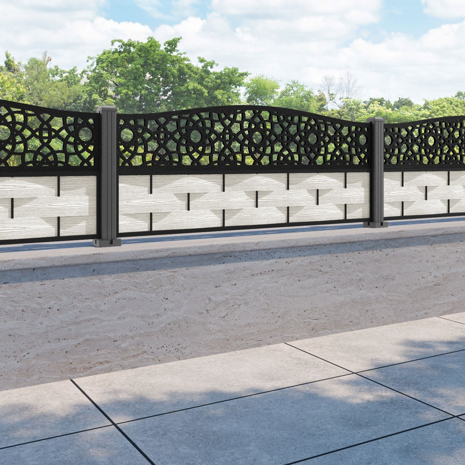 Ripple Ambar Curved Top Fence Panel - Light Stone - with our aluminium posts