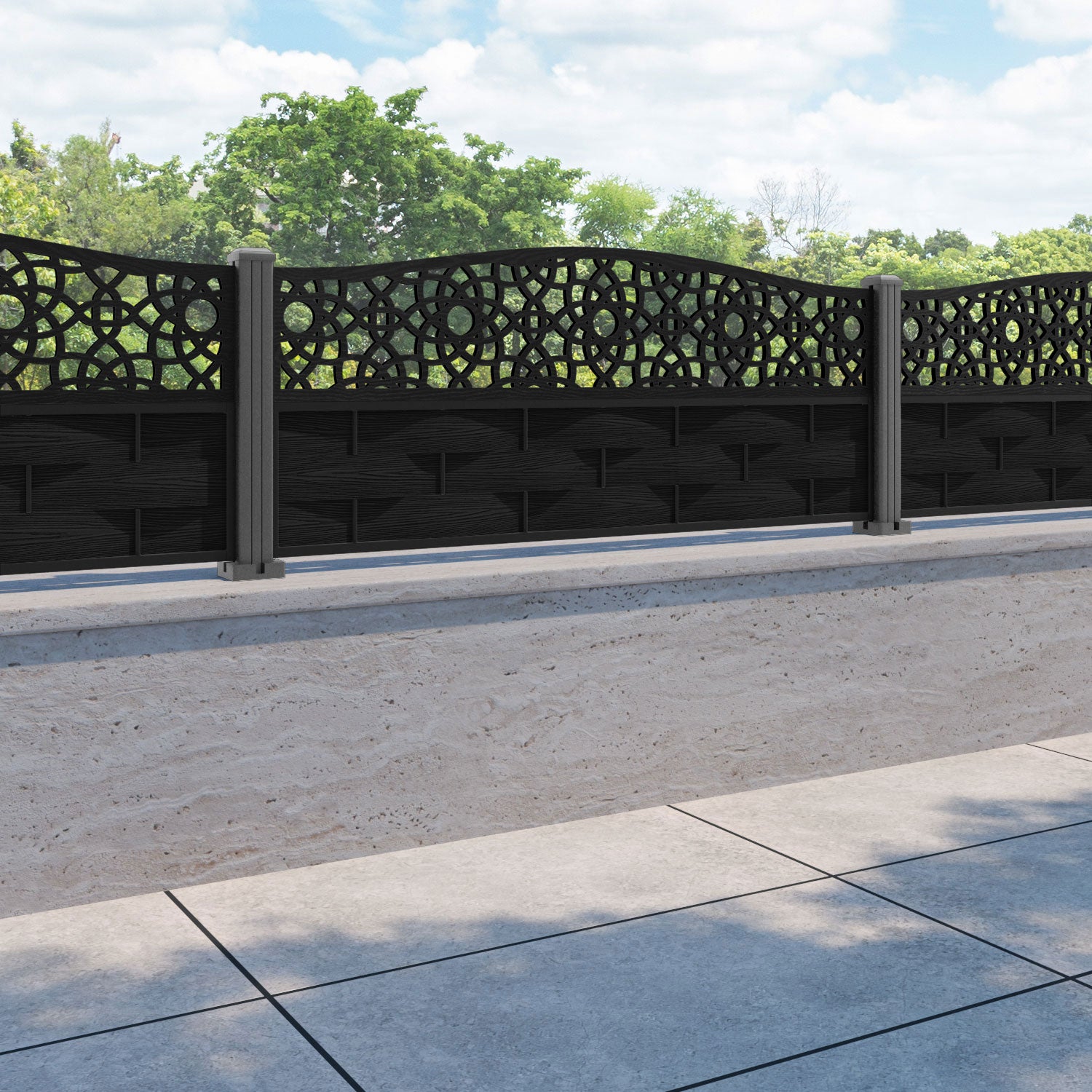 Ripple Ambar Curved Top Fence Panel - Black - with our aluminium posts