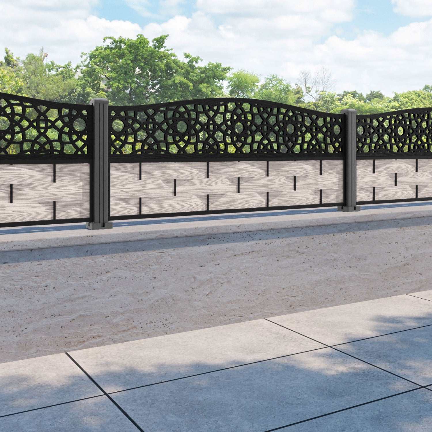 Ripple Ambar Curved Top Fence Panel - Mid Stone - with our aluminium posts