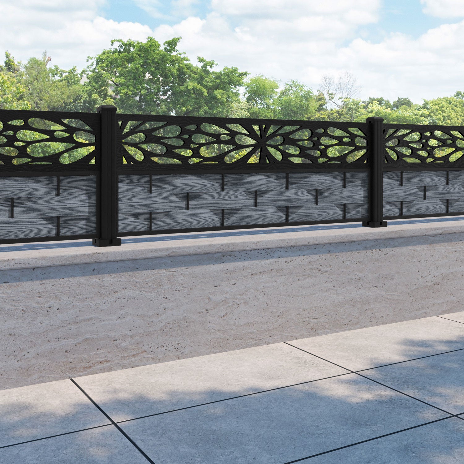Ripple Blossom Fence Panel - Anthracite - with our aluminium posts