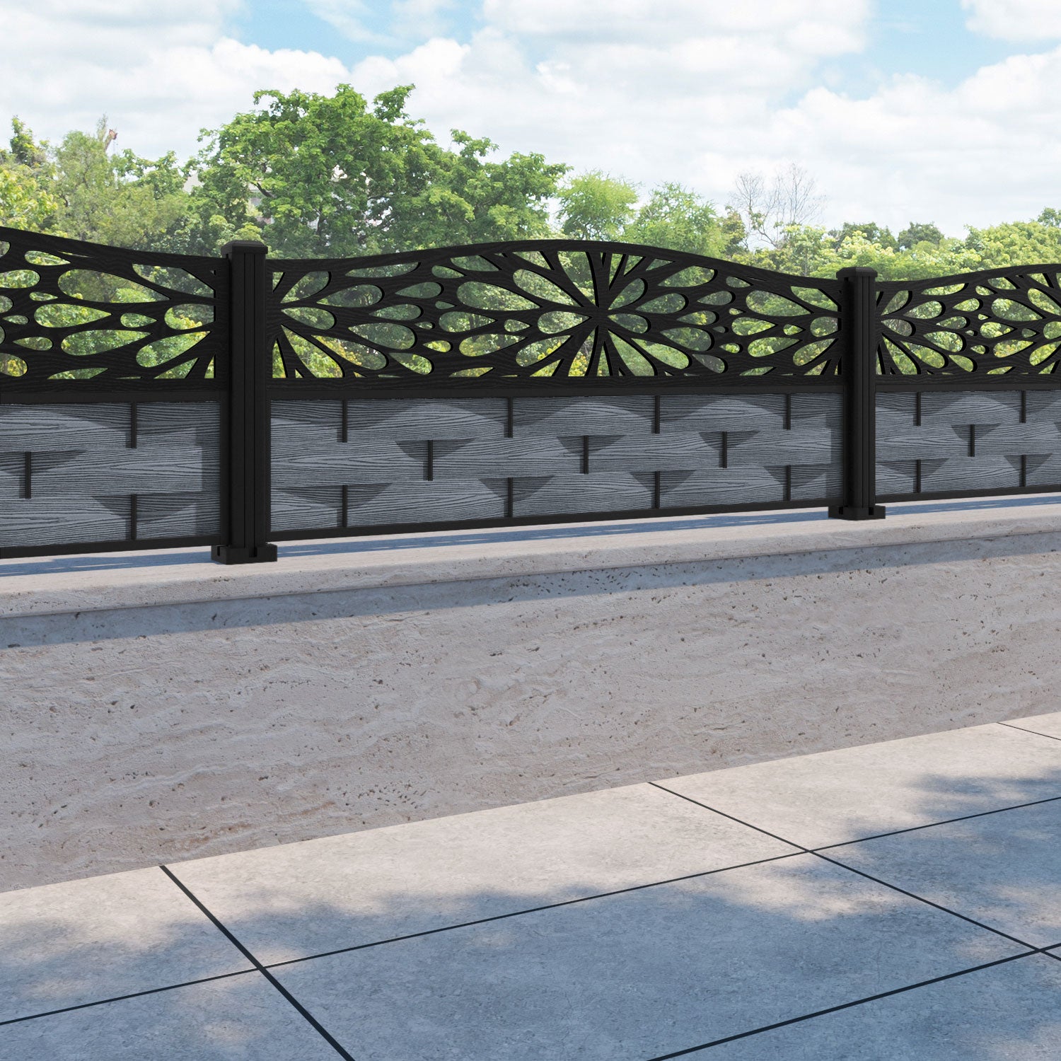 Ripple Blossom Curved Top Fence Panel - Anthracite - with our aluminium posts