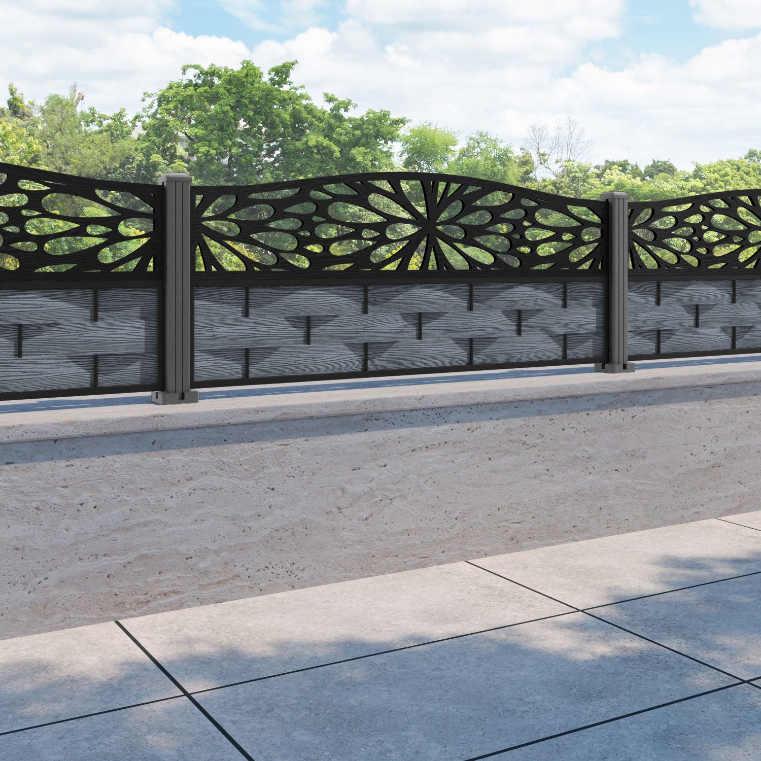 Ripple Blossom Curved Top Fence Panel - Anthracite - with our aluminium posts