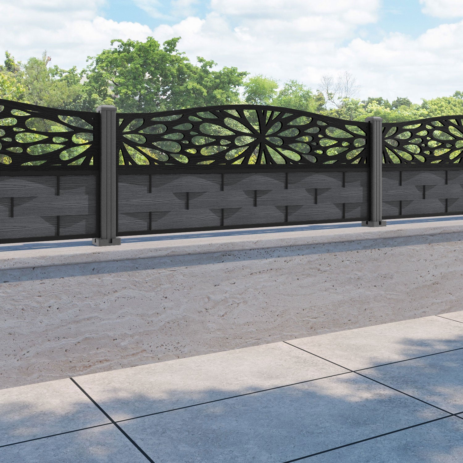 Ripple Blossom Curved Top Fence Panel - Dark Grey - with our aluminium posts
