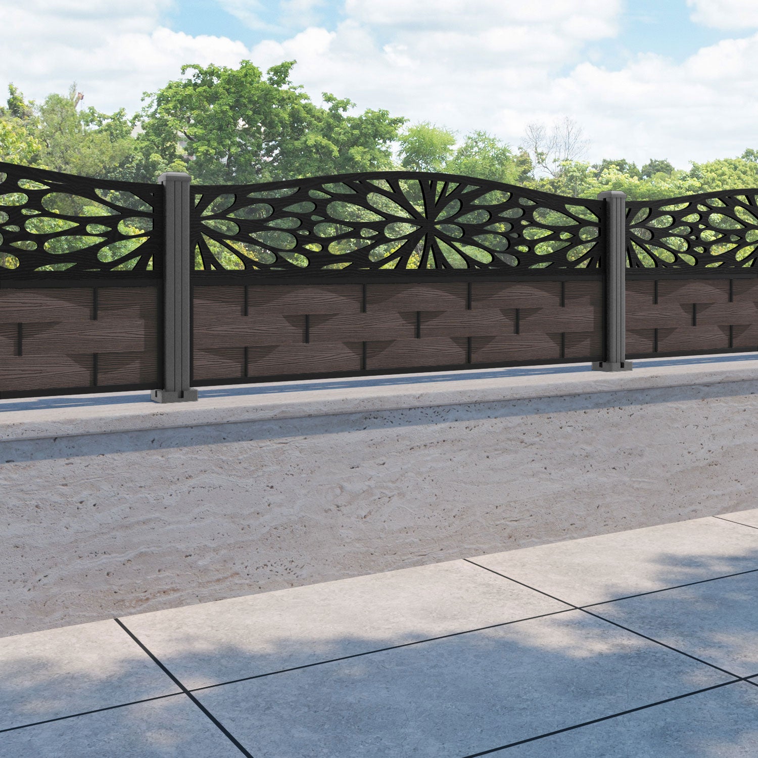 Ripple Blossom Curved Top Fence Panel - Mid Brown - with our aluminium posts